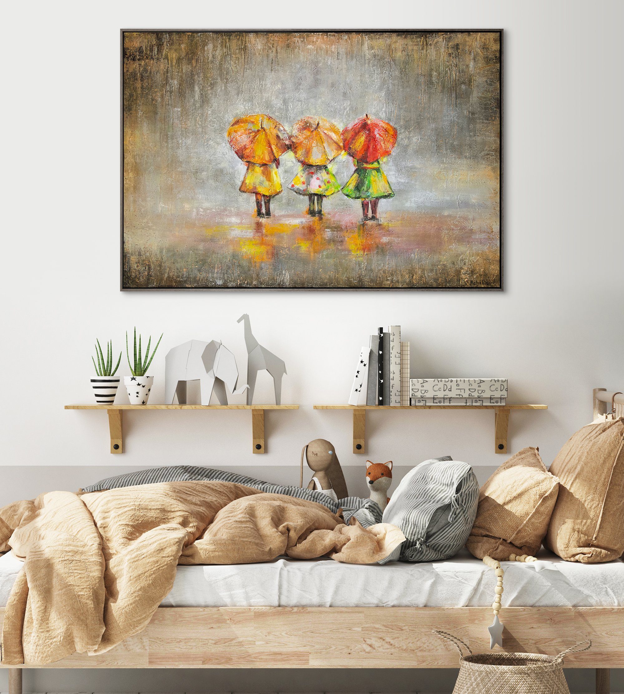 Kinderzimmer Kinder Menschen, YS-Art Regenschirm Mit in Rahmen Handgemalt Leinwand Grau Gemälde Bild Sommerregen, mit