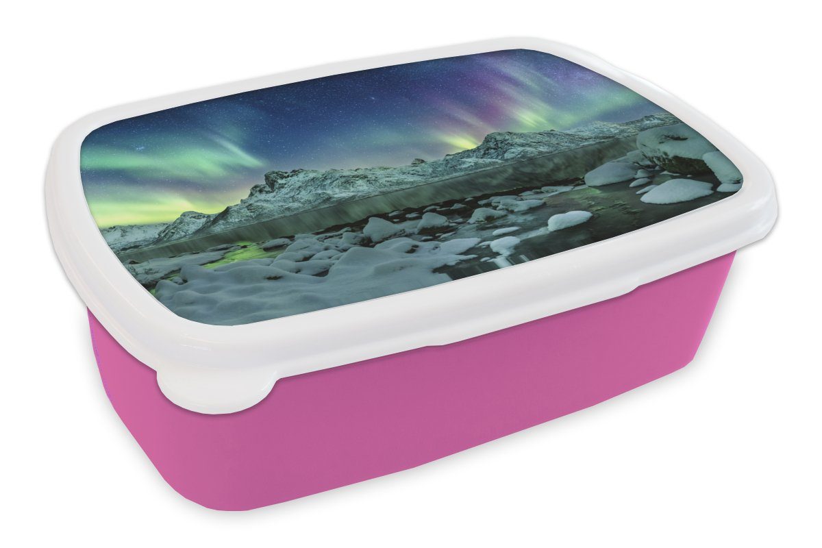 MuchoWow Lunchbox Meer - Eis - Nordlicht - Winter - Natur, Kunststoff, (2-tlg), Brotbox für Erwachsene, Brotdose Kinder, Snackbox, Mädchen, Kunststoff rosa