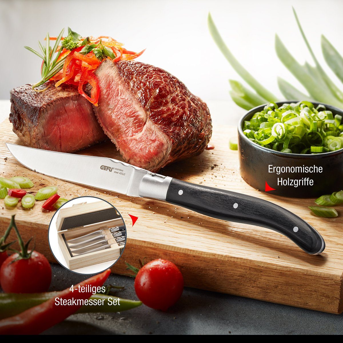 GEFU Steakkochmesser Steakmesser-Set BASCO 4 Stück - Kiefernholz-Box Ed
