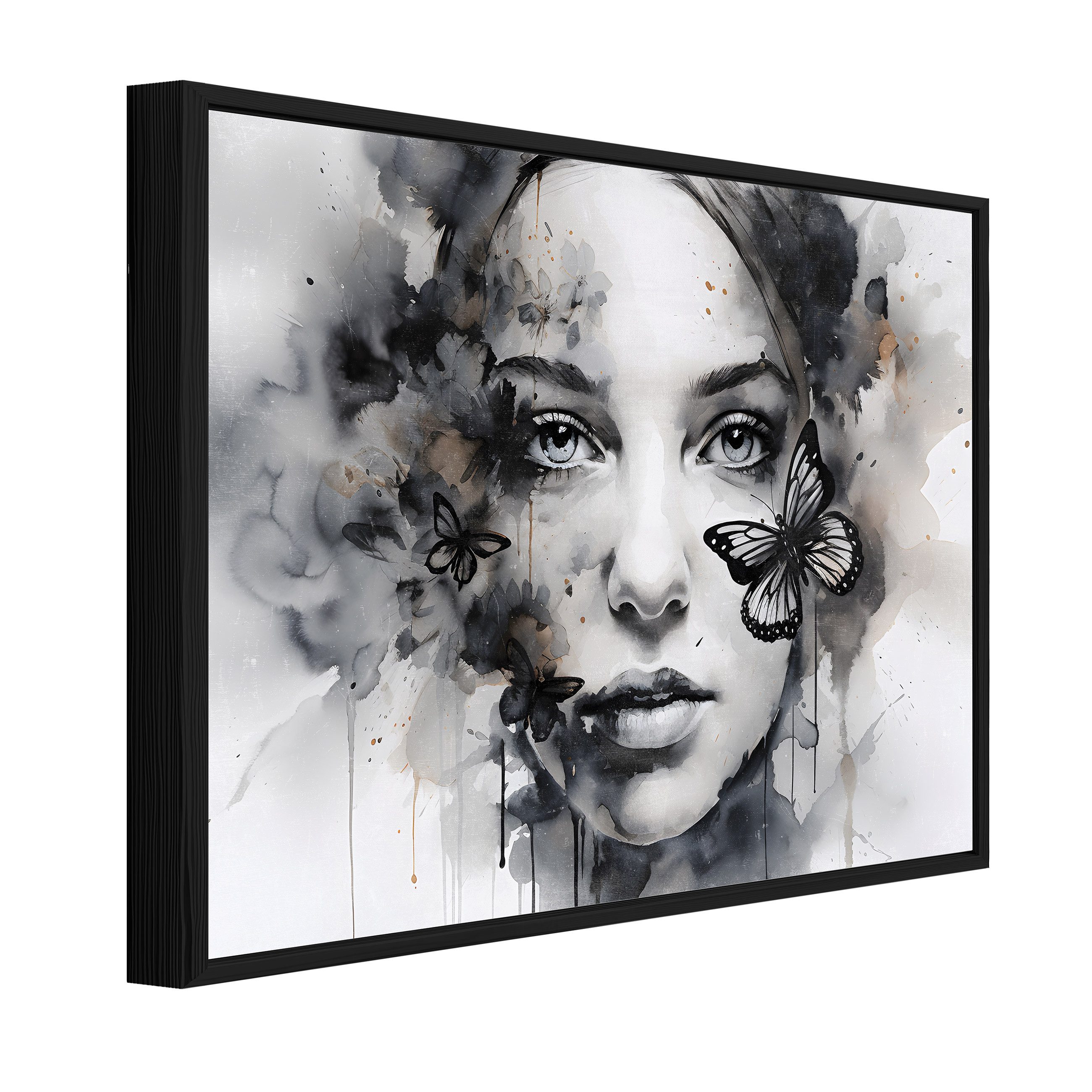 Wallarena Leinwandbild Frau Gesicht grau Modern Wandbilder Wand Deko XXL Bilder, Frau (groß Bilder Wohnzimmer Schlafzimmer Einteilig, 1 St), Wandbild mit Rahmen Wohnzimmer Badezimmer Küche Modern 60x40