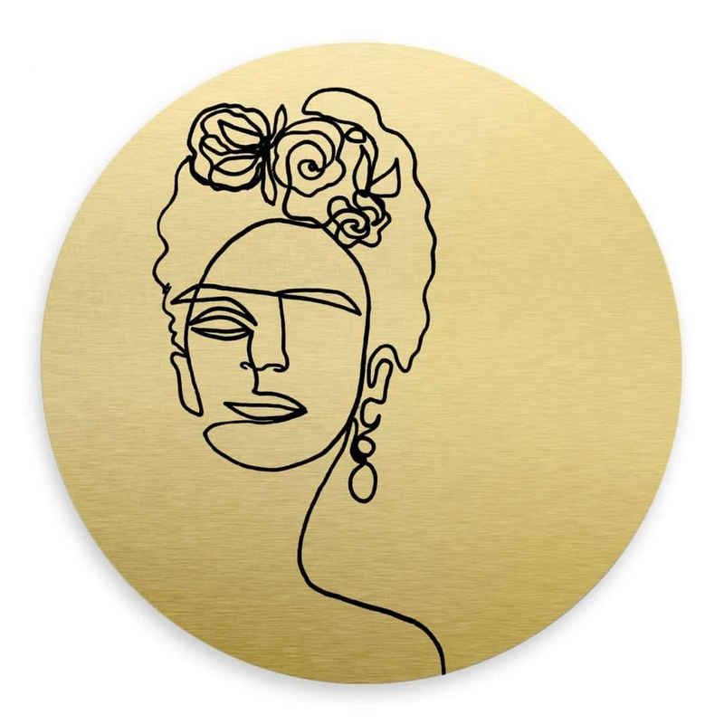 K&L Wall Art Gemälde Metallposter Rund Frida Kahlo abstrakte Linework moderne Goldoptik, Metalloptik Wandbild Ø 30cm