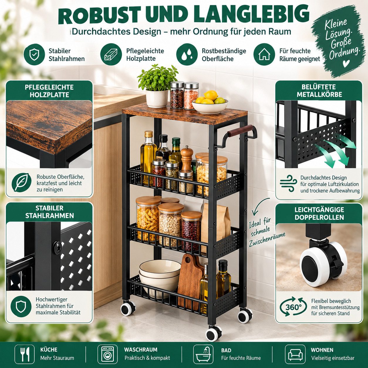 LEMLIT Rollwagen Küchenwagen 4 Etagen Schmal Mit Rollen Und Holzplatte, (1er Set, 1 St., Produktmaße: 40 x 20 x 86,5 cm), 3 Metallkörbe, 2 Bremsrollen, Für Küch – Bild 5 von 5