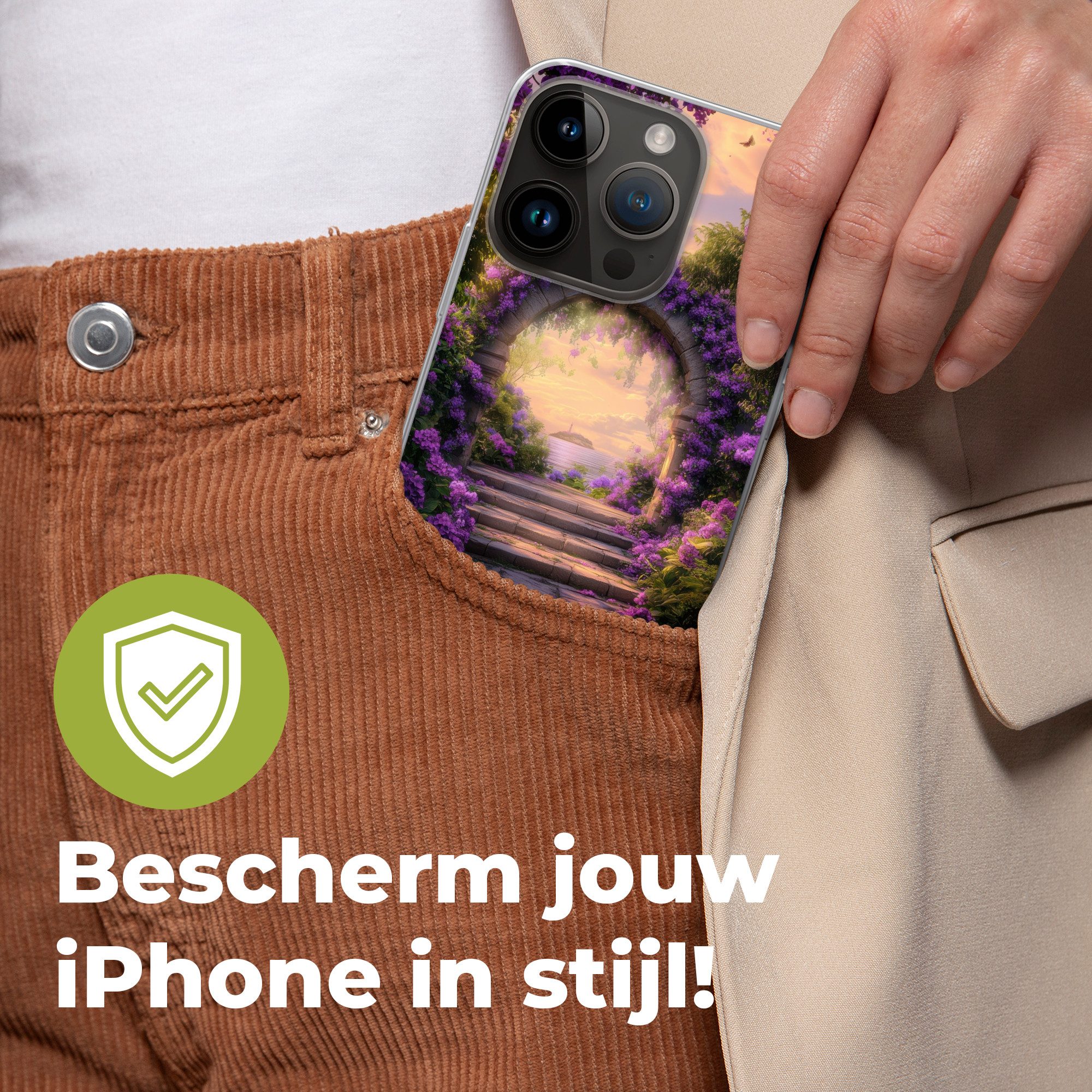 MuchoWow Handyhülle für Apple iPhone 14 Pro Tor - Lila - Blumen, Smartphone-Bumper, Print, Handy Schutzhülle Dünn