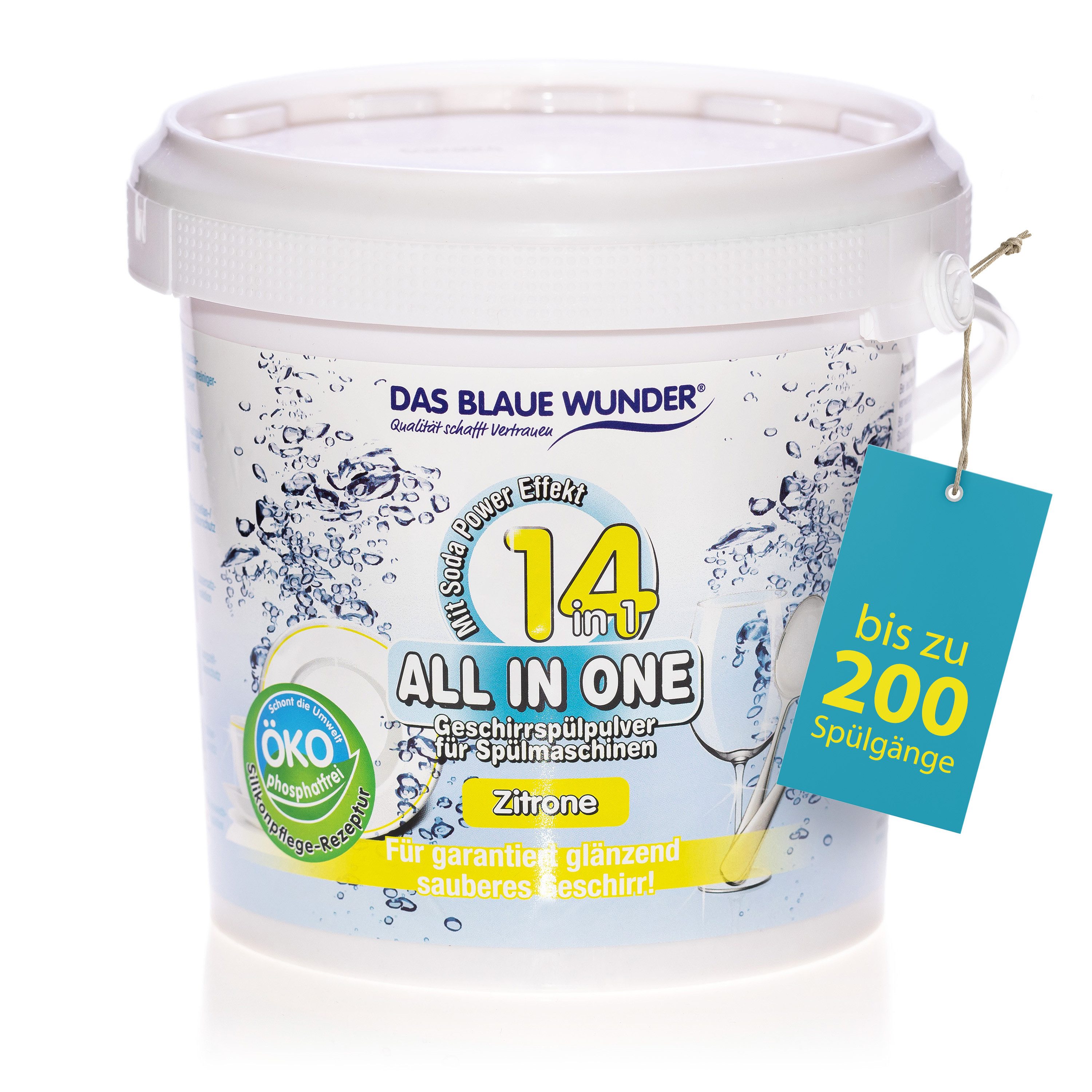 Das Blaue Wunder® All in One 14in1 Geschirrspülpulver phosphatfrei Spülmaschinenpulver (Bis zu 200 Spülgänge, 14 Funktionen mit Soda Power Effekt, 1.000 g)