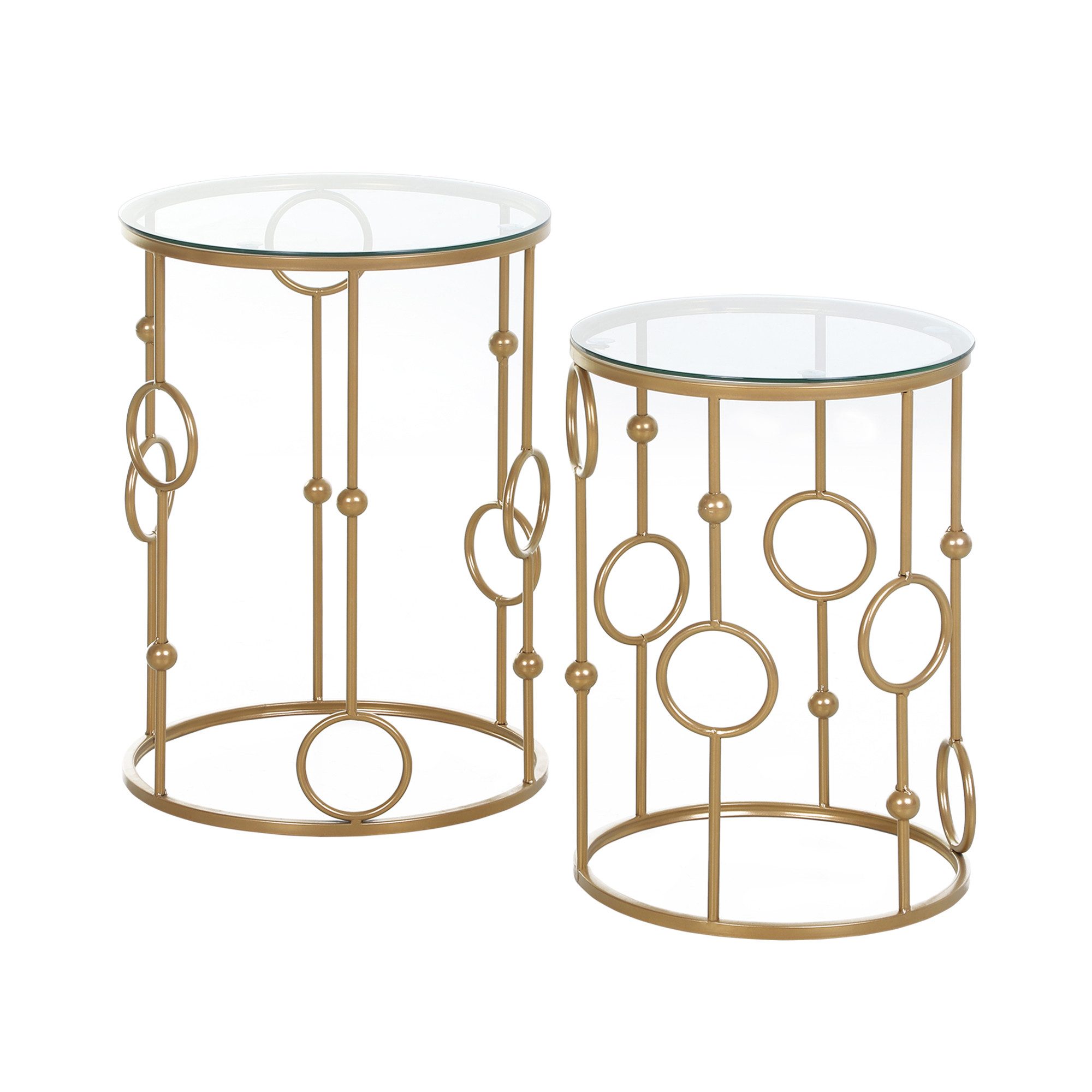 HOMCOM Couchtisch 2er-Set, mit Glasplatte, Reifen- und Kugeldesign (Sofatisch, 2-St., Beistelltisch für Wohnzimme, Balkon), für Wohnzimmer, Schlafzimmer, Flur, Ø41 x 57 cm, Gold