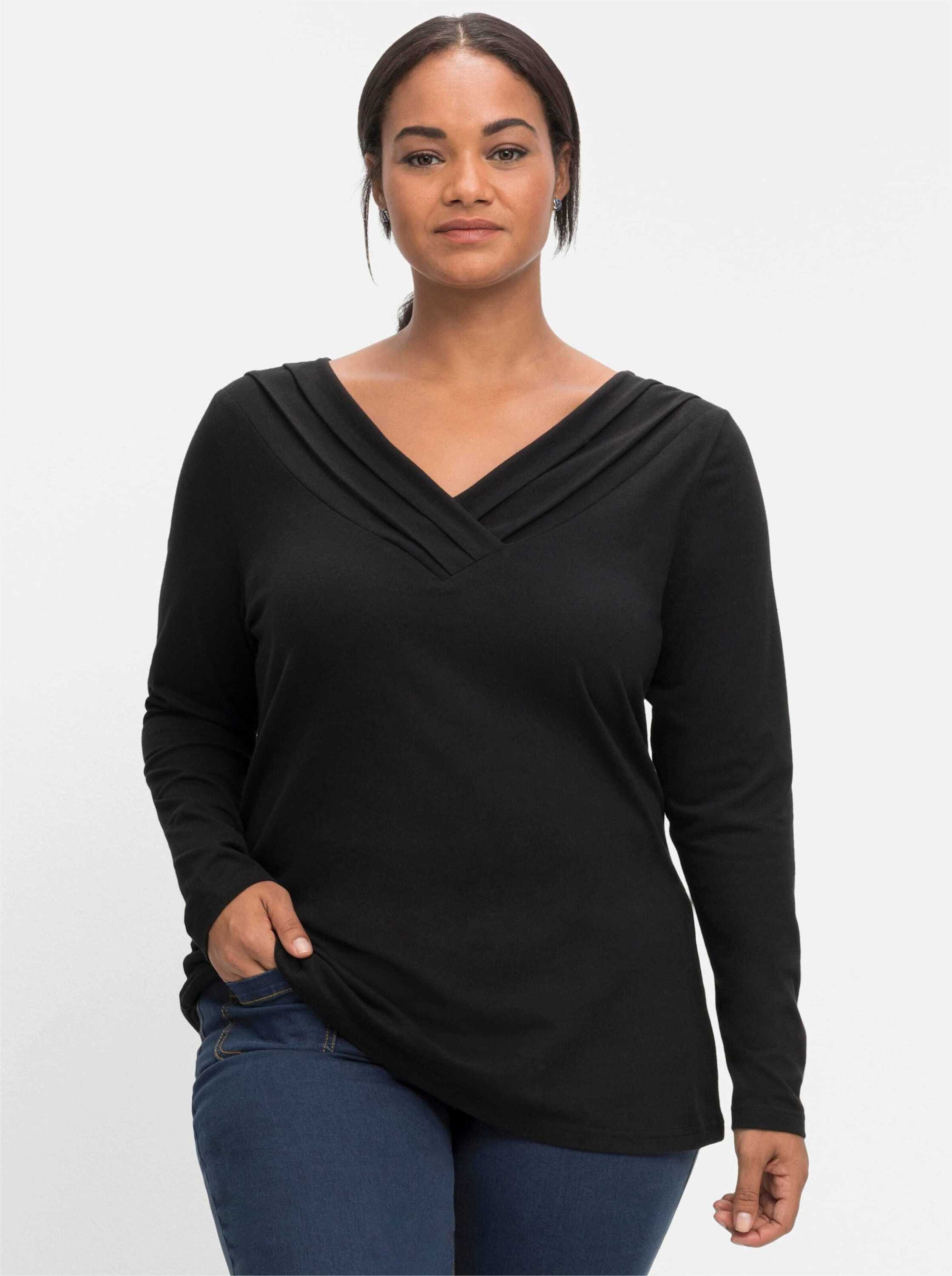 sheego by Joe Browns T-Shirt Langarmshirt Langarm mit Zierfalten am V-Ausschnitt, A-Linie