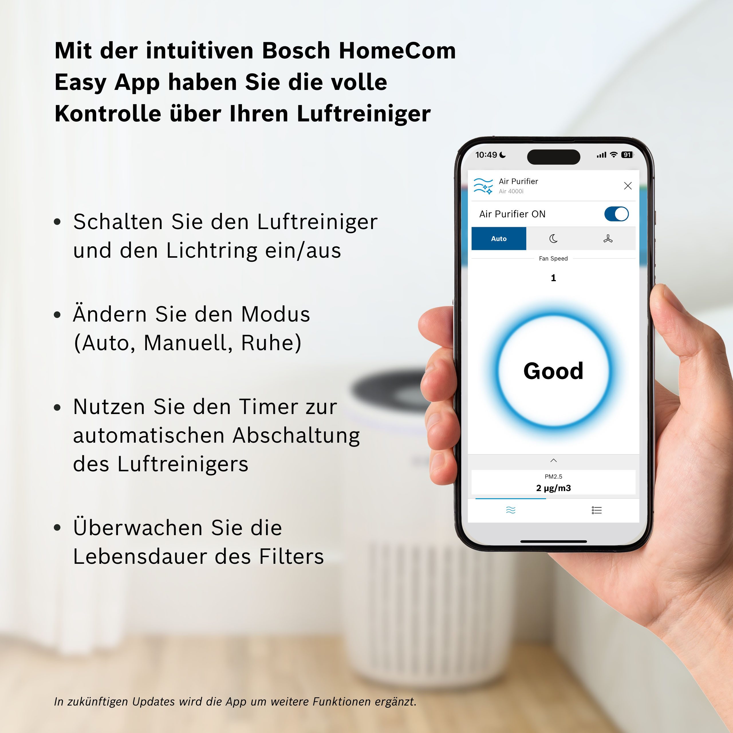 BOSCH Luftreiniger Air 4000i, mit App-Steuerung, für 62 m² Räume, mit 3-in-1 Luftfilter, Smart Sensor, Automatik- und Ruhemodus – Bild 4 von 5