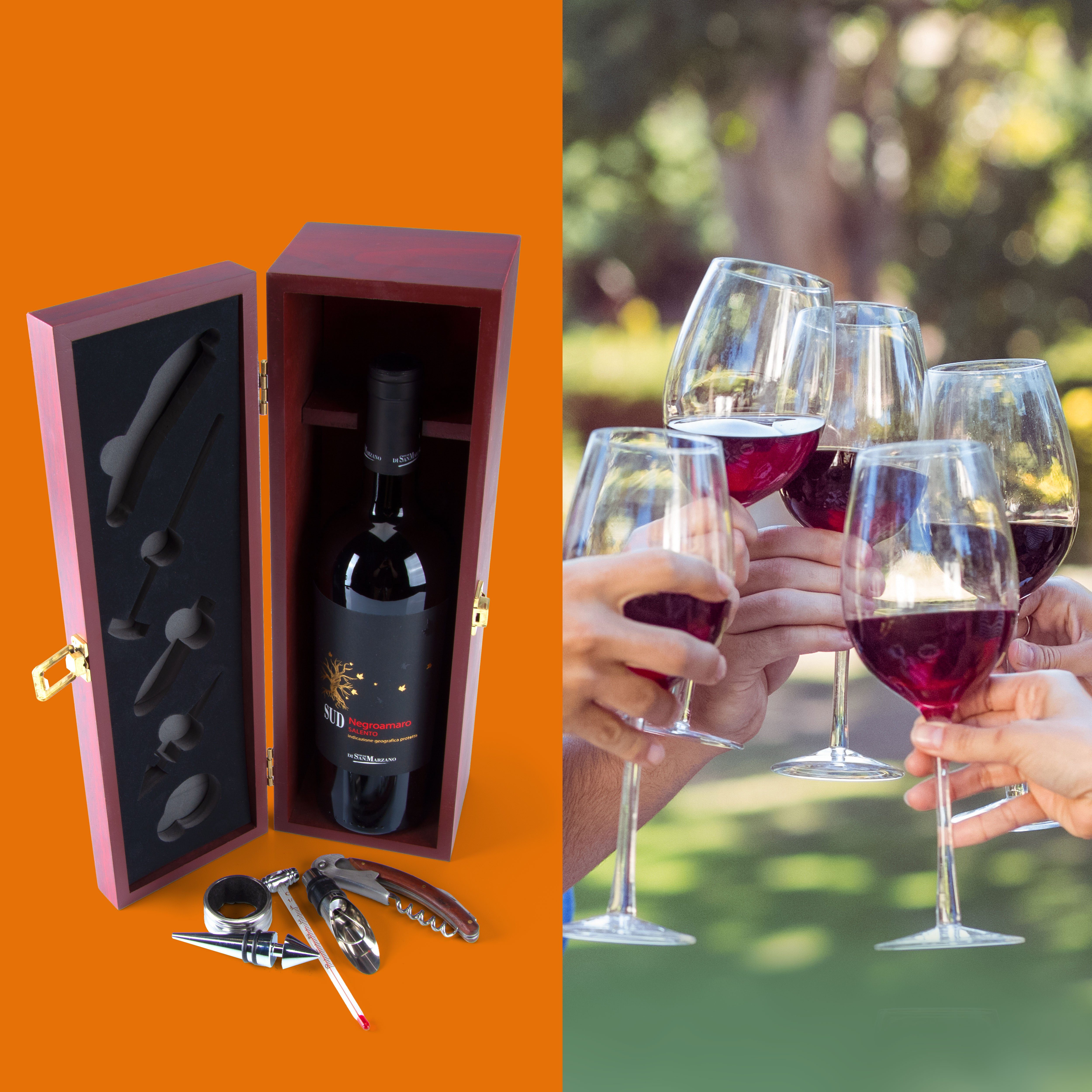 Goods+Gadgets Weinkiste GOODS+GADGETS Sommelier Weinset Geschenk Set–6-teiliges Wein Zubehör (Holzbox für eine Weinflasche, Weingeschenk Set mit Zubehör), 6-tei – Bild 4 von 5