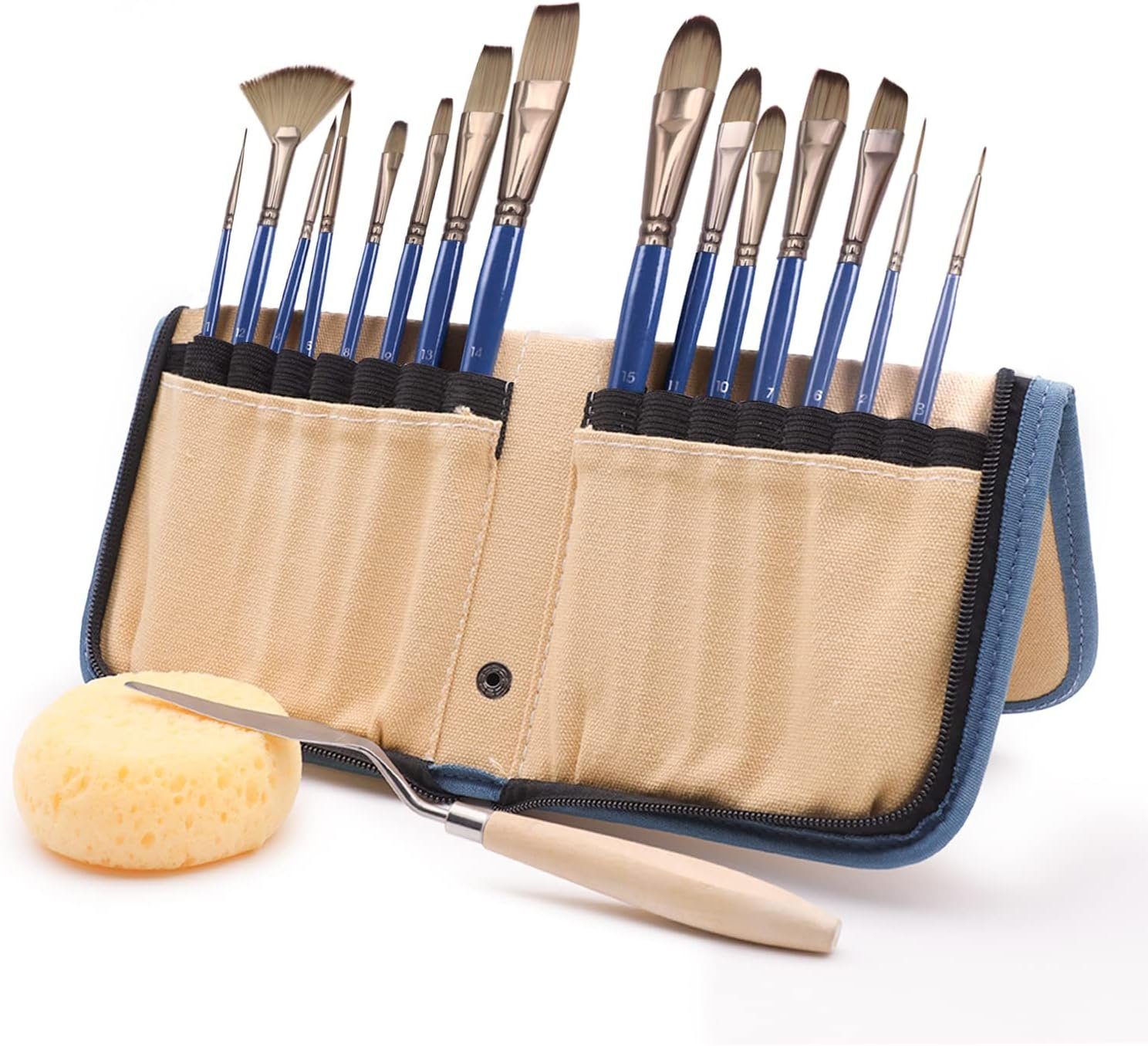 Artecho Pinsel 15 Stk. Nylon Borsten Pinselset inklusive Malmesser & Schwamm, (15 St), für Acrylmalerei, Aquarellmalerei, Ölmalerei, Gouachemalerei