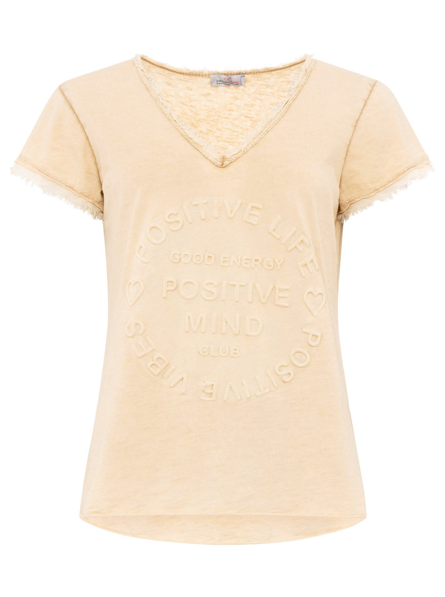 Zwillingsherz T-Shirt "Positive Mind" V-Ausschnitt, Kurzarm, Used-Look, Baumwolle, ausgefranste Kanten – Bild 2 von 5