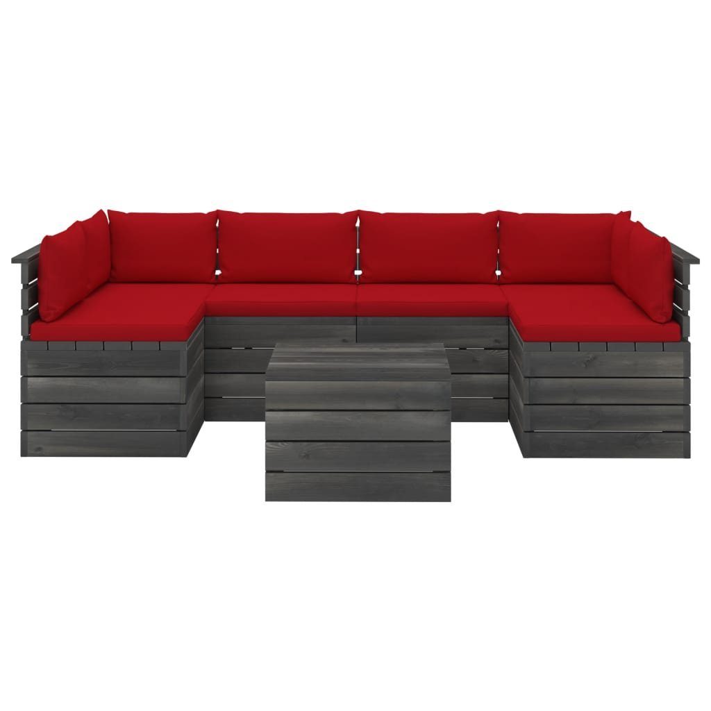 Paletten aus mit vidaXL Rot Kiefernholz, 7-tlg. (7-tlg) Gartenlounge-Set Garten-Sofagarnitur Kissen