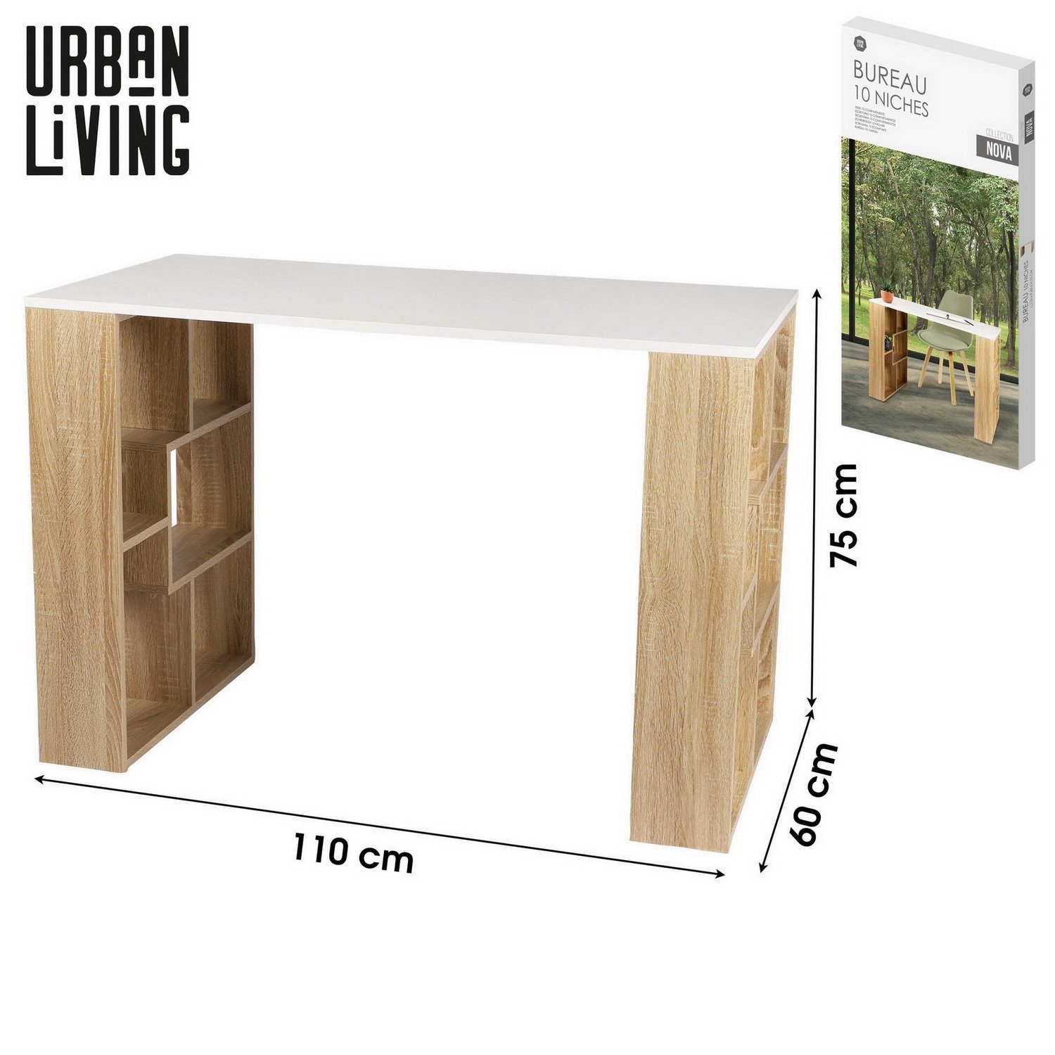 Urban Living Regal-Schreibtisch Schreibtisch 10 Fächer NOVA Schulschreibtisch Regale (freistehend, (LxBxH) 110 x 60 x 75 cm), Braun-Weiß