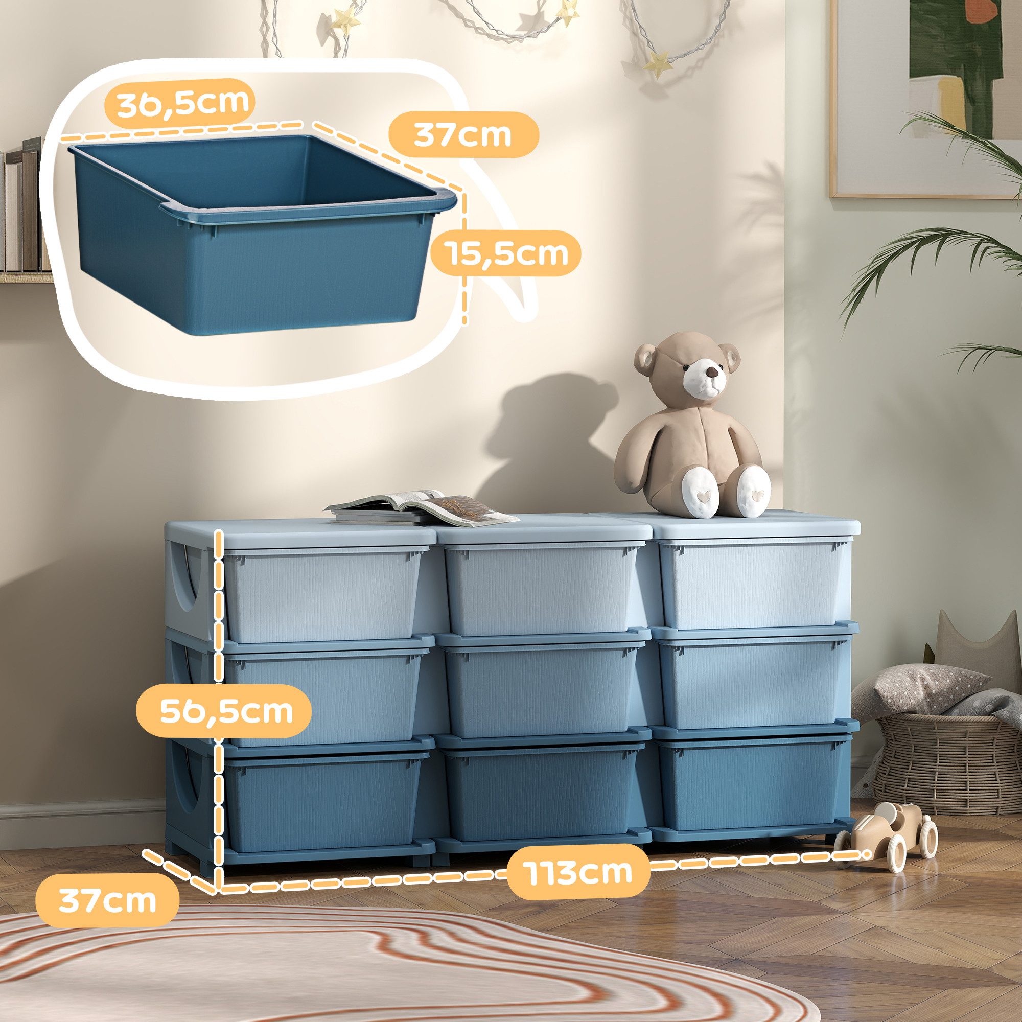 HOMCOM Spielzeugtruhe Schubladenschrank, Spielzeug-Organizer mit sechs Ebenen, 3-6 Jahre (Schubladenschrank, 1 St., Spielzeugkiste), für 3-6 Jahre Kinder Blau 113 x 37 x 56,5 cm