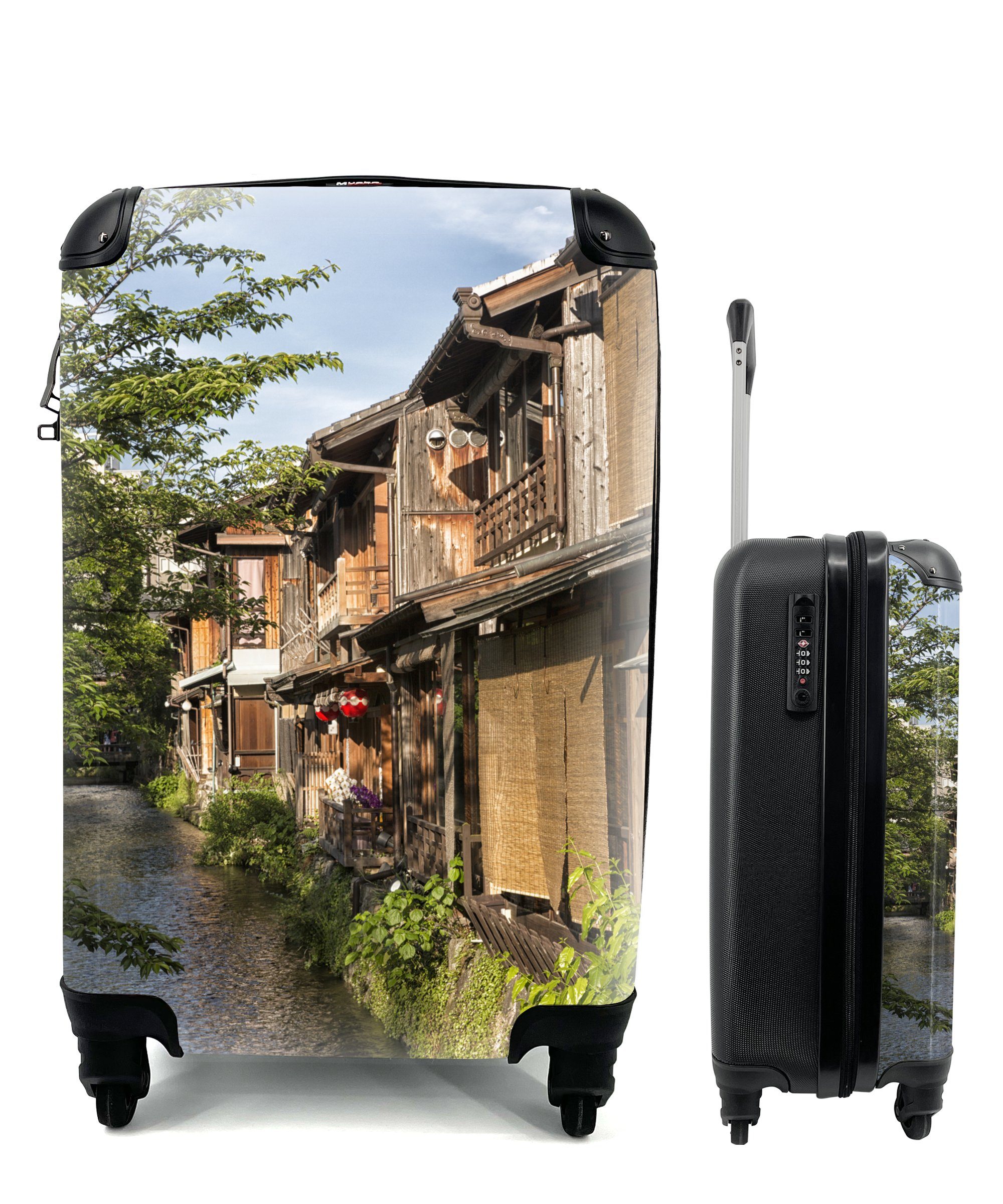 MuchoWow Handgepäckkoffer Traditionelle Häuser entlang des Kanals in der Nähe von Kyoto in Japan, 4 Rollen, Reisetasche mit rollen, Handgepäck für Ferien, Trolley, Reisekoffer