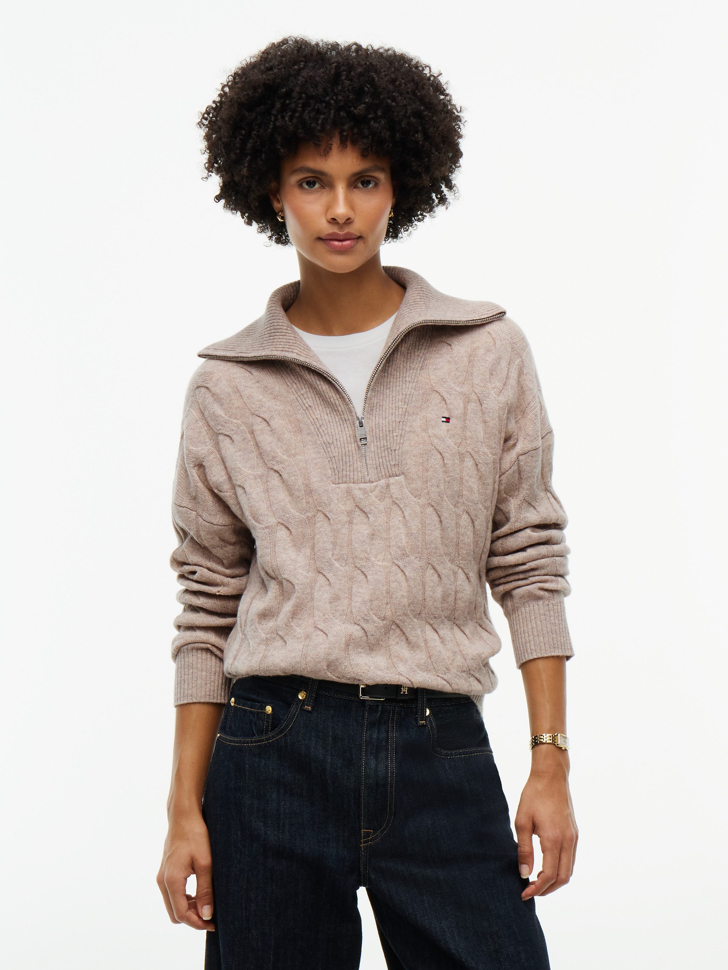 Tommy Hilfiger Troyer SOFT WOOL CABLE 1/2 ZIP LS SWT aus reiner Wolle, mit Zopfmuster