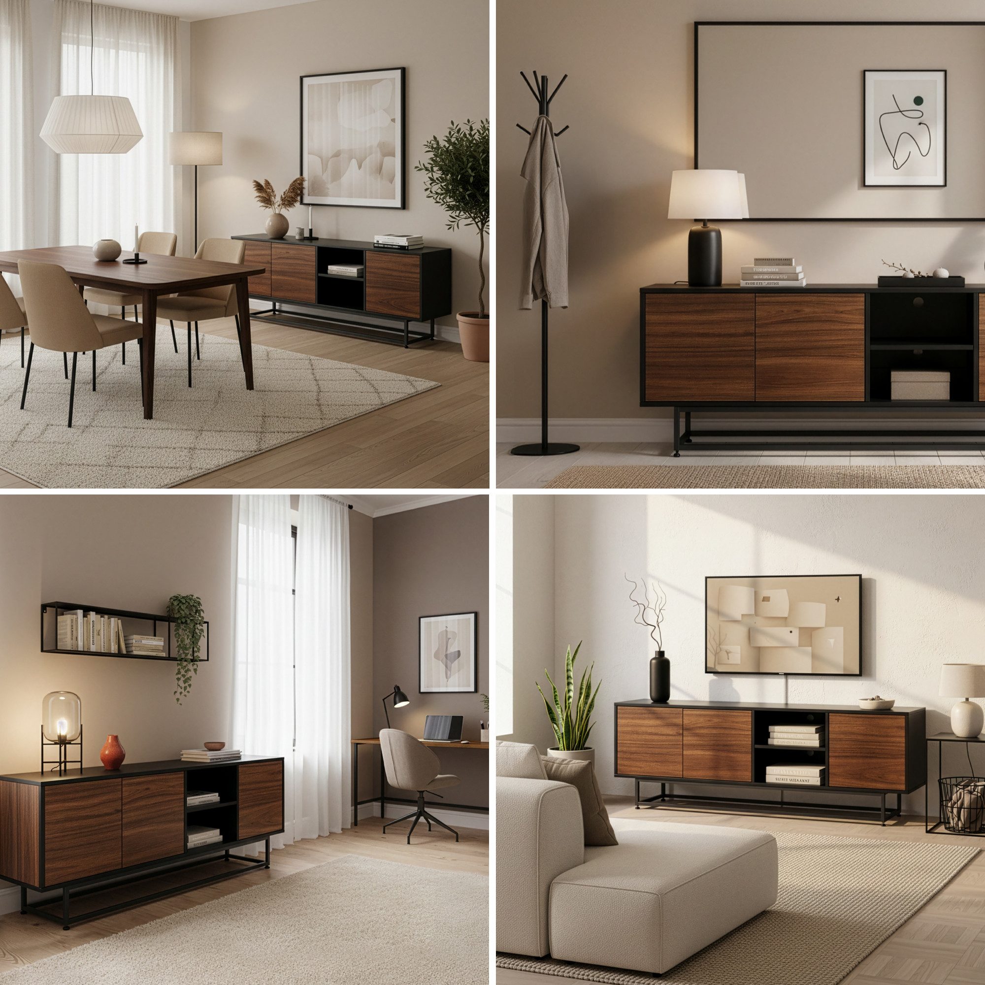 en.casa Sideboard, »Boxholm« mit 3 Türen 160 x 30 x 57 cm Schwarz/Walnussoptik