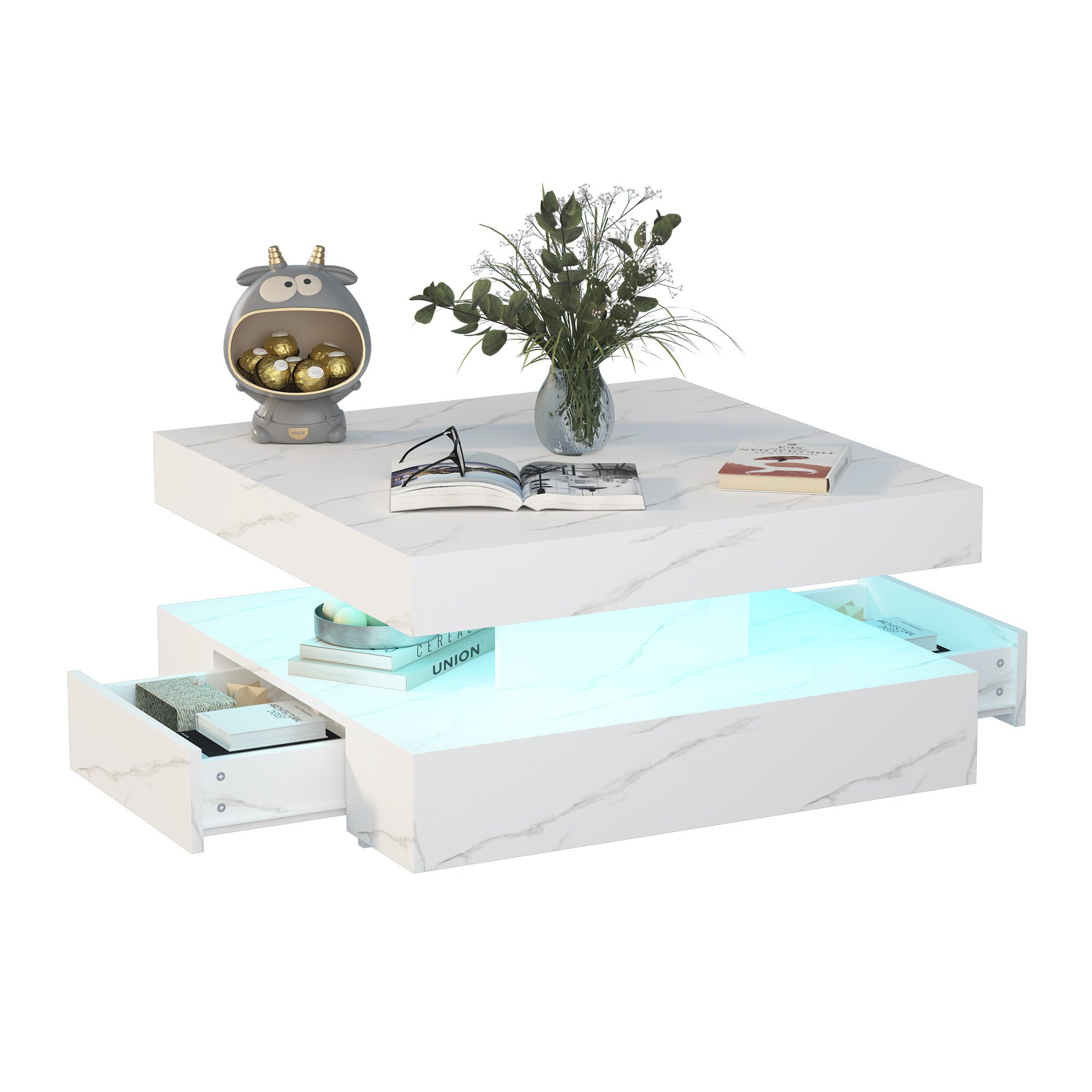 radelldar Couchtisch mit LED-Beleuchtung, 2 Schubladen und verdecktem Stauraum (1-St), Wohnzimmertisch matt 78x78x40 cm