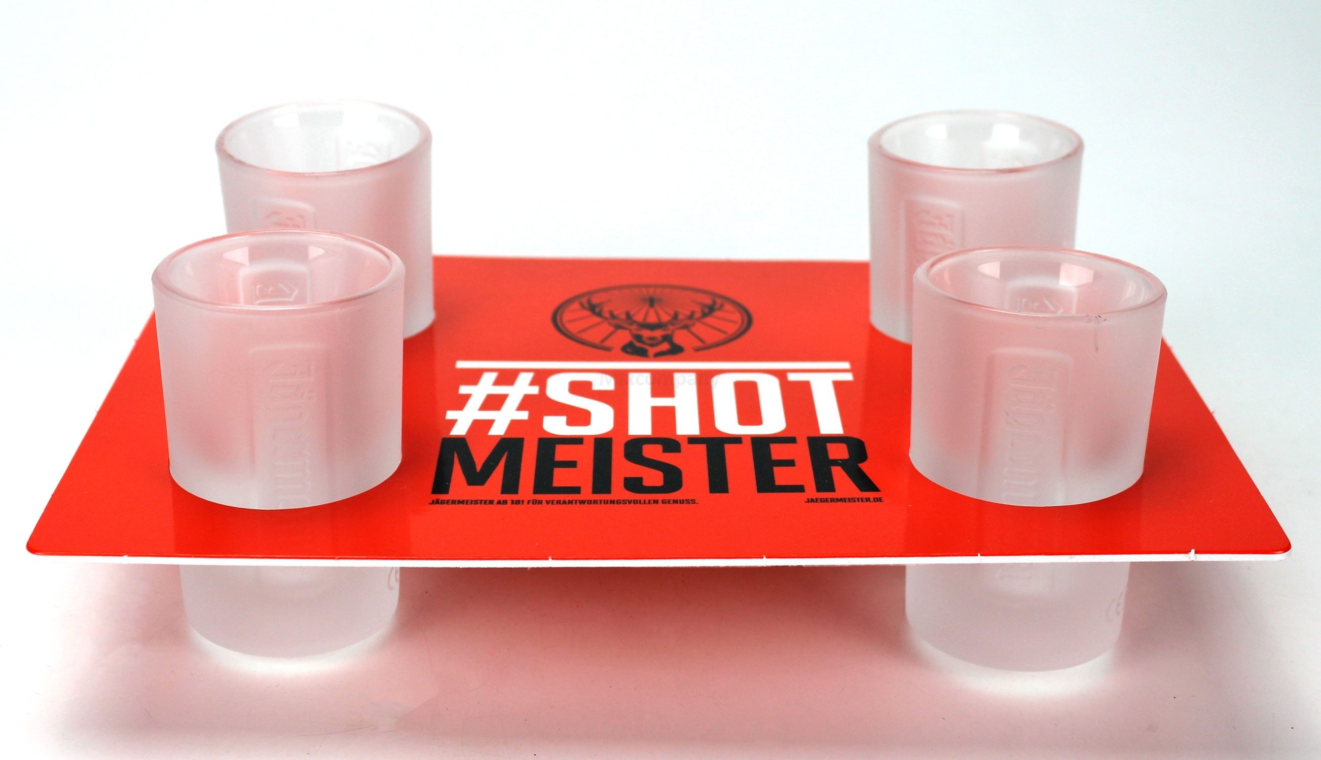 Alter Gläser-Set Jägermeister Shotglas Set Weiß - 4x Shotgläser + Halter