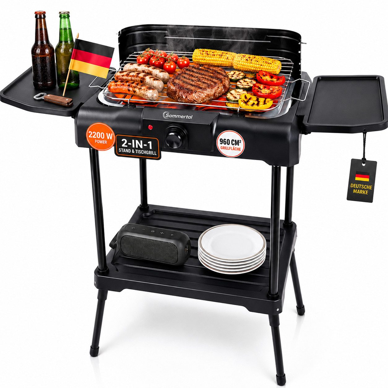 Sommertal Elektrogrill BBQ231 Elektrogrill Balkongrill 2200W Camping Grill, 2200 W, 2in1 Tischgrill mit Standfuß Stufenloser Temperaturregler