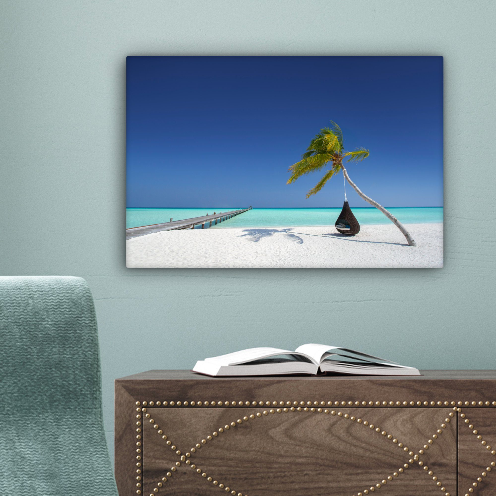 OneMillionCanvasses® Leinwandbild Hängematte - Strand, Wandbild Aufhängefertig, Wanddeko, (1 Leinwandbilder, 30x20 St), Palme - cm