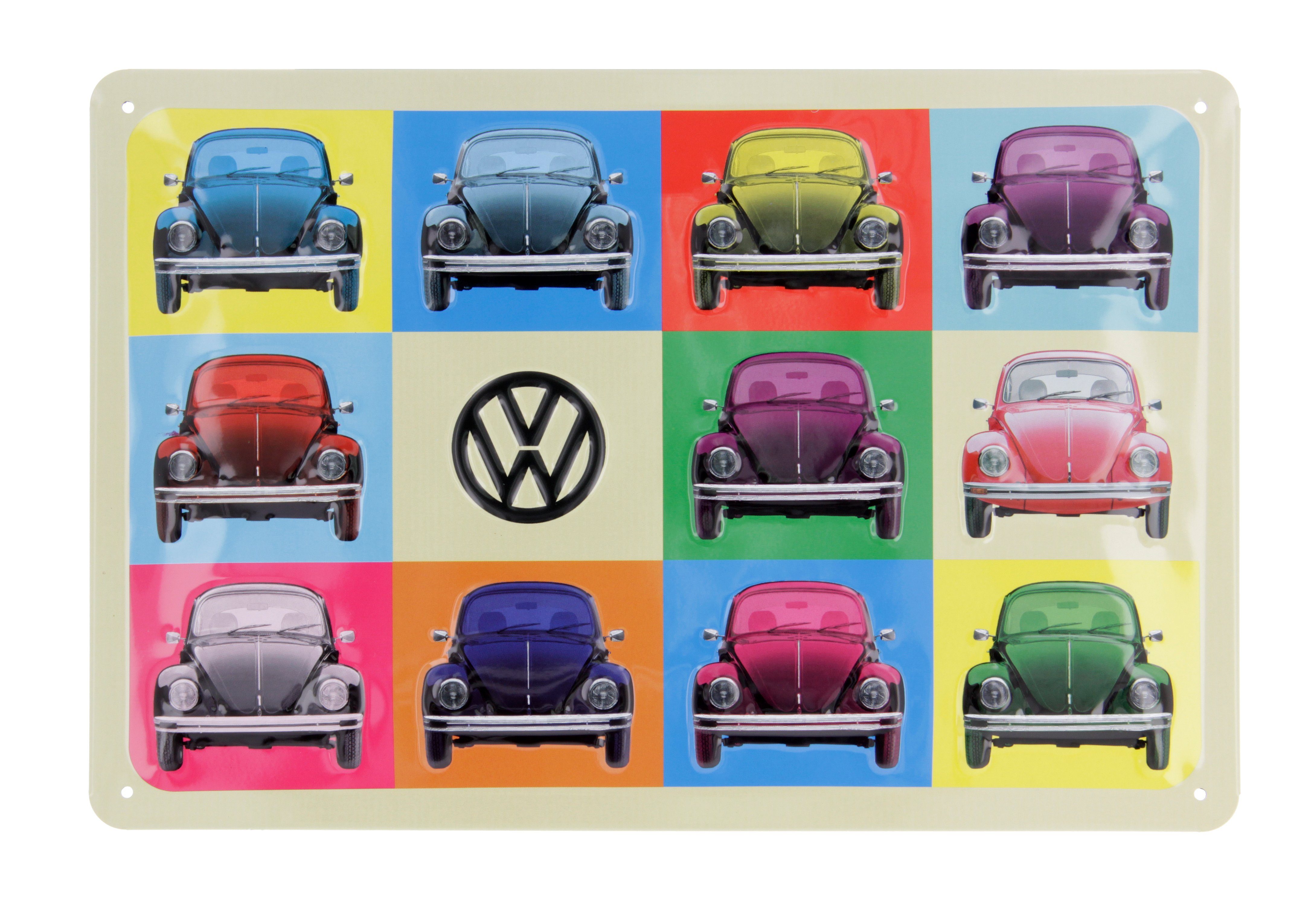 VW Collection by BRISA Metallschild Volkswagen Retro-Blech-Schild-Vintage-Dekoration, (Made in Germany, 1 Stück), Geschenk-Idee aus Metall im bunten VW Käfer Design, 20x30 cm