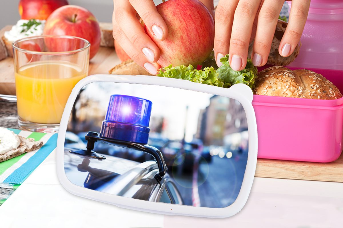 rosa Polizeiautos ziviles Kunststoff Erwachsene, Auto, Lunchbox (2-tlg), Snackbox, auf für Blinkendes ein MuchoWow Kinder, Brotbox eines Kunststoff, Brotdose Licht Mädchen,