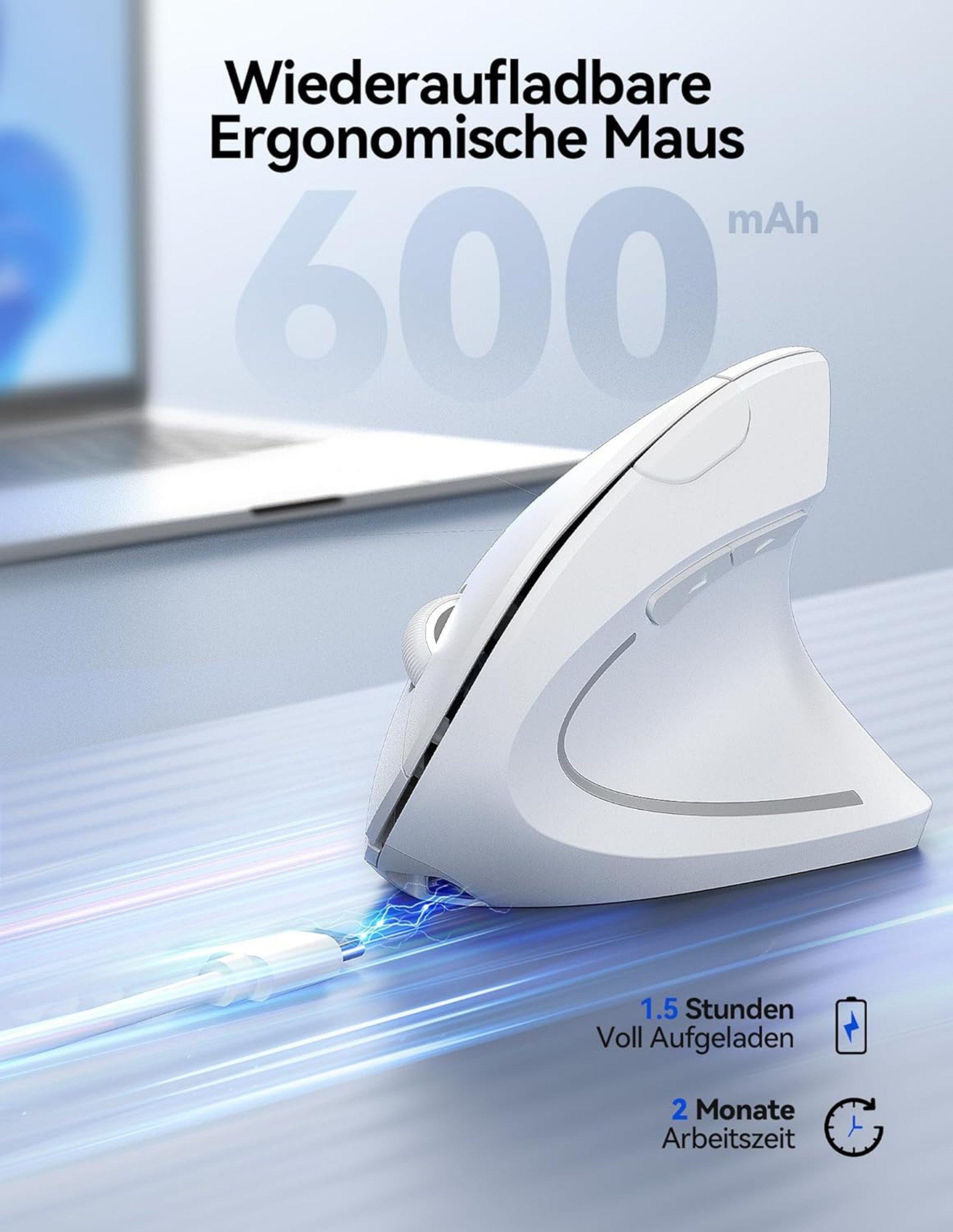 RUHE Ergonomische Maus Kabellose Bluetooth Vertikale Maus Optisch Leise RGB ergonomische Maus (Bluetooth, Funk, kabelgebunden, 2.5G, USB-Dongel, Kabelgebundenes Aufladen, Drahtlos, Optische Maus, Büro, 2400 dpi, Einstellbar DPI Schwarz Weiß Grau 6 Tasten für Laptop/PC/Mac/Computer)