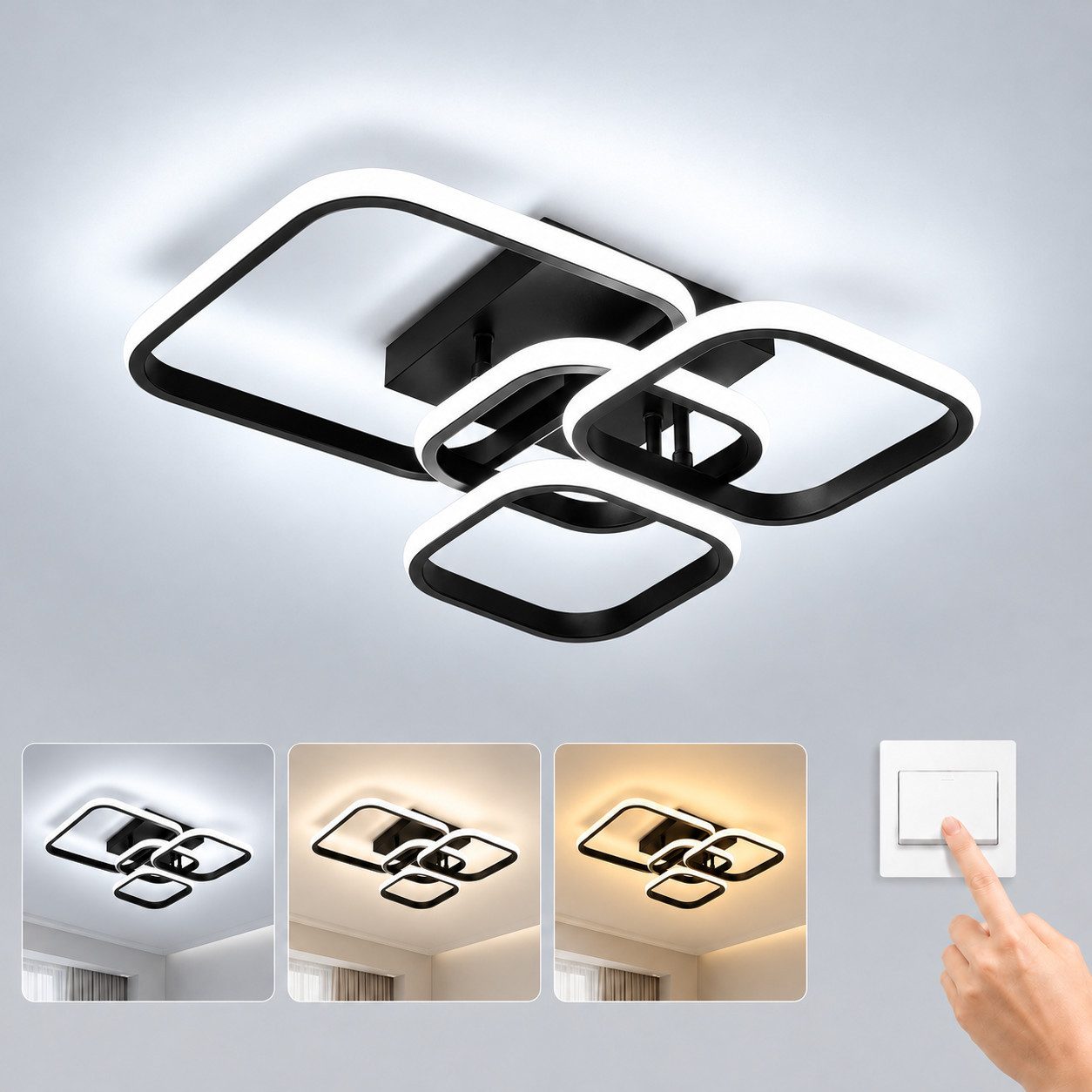 BlingBin LED Deckenleuchte Dimmbar Deckenlampe LED L48/46 × W44/41 × H10/8cm, 3000K/4500K/6500K, LED fest integriert, Tageslichtweiß, Modern Deckenlampe 3000-6500K für Wohnzimmer Küche Flur