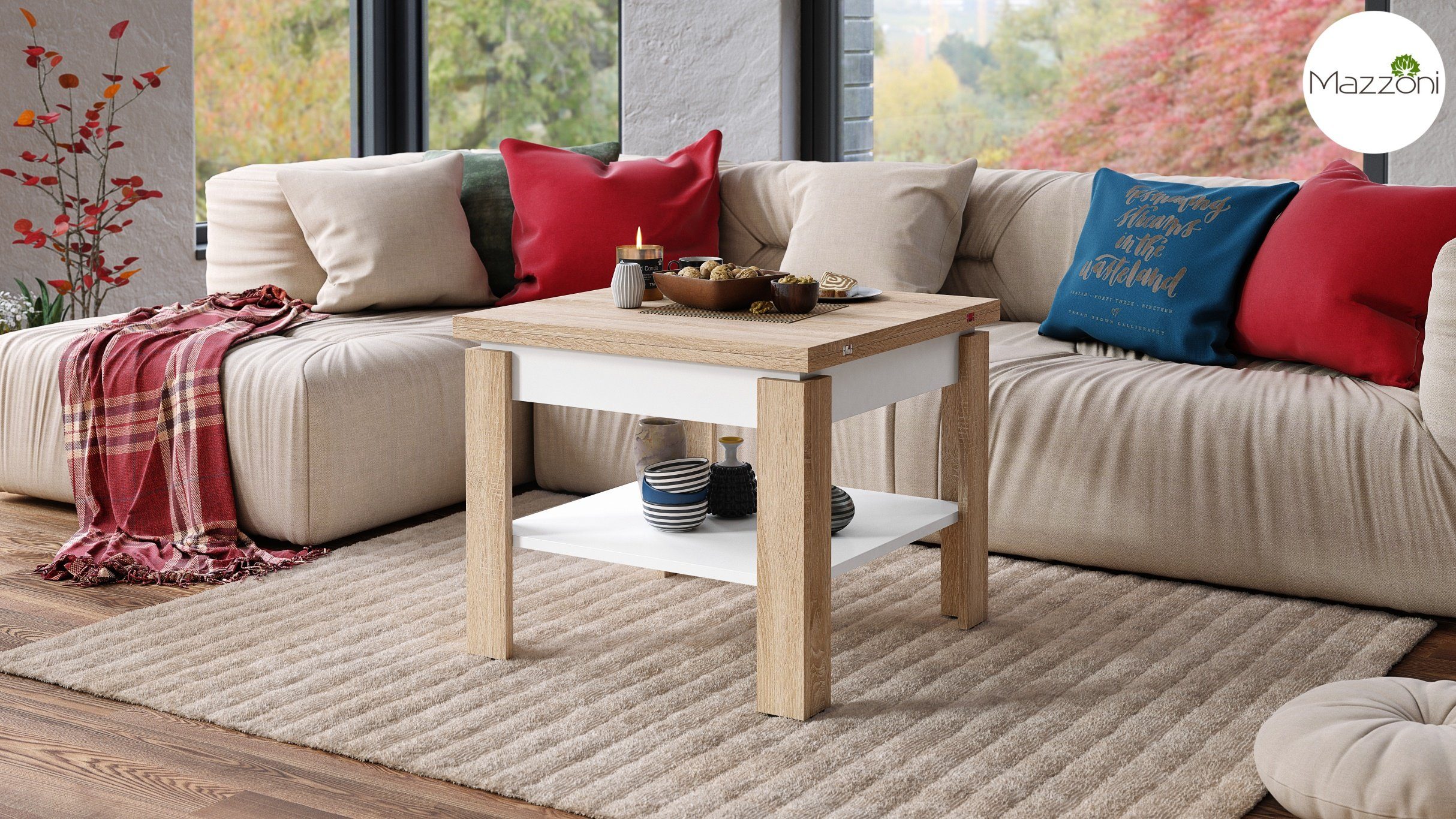 Weiß 65 / Sonoma Eiche - Design - Tisch Leo Weiß Sonoma Couchtisch matt aufklappbar matt 130cm Eiche Mazzoni