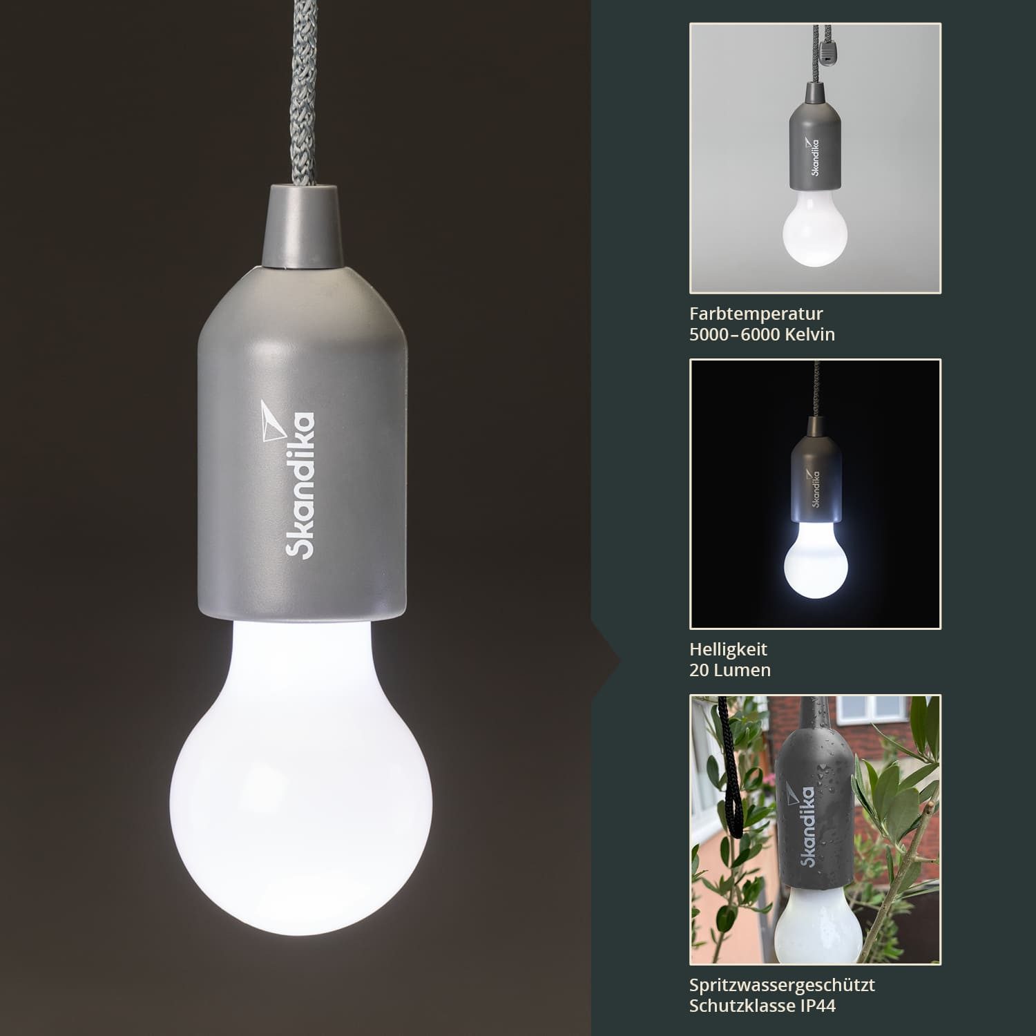 Skandika LED Gartenleuchte Campinglampe Narvik 4er-Set, hängend, tragbare Zeltlampe, Pull Light, batteriebetriebene Glühbirne mit Zugschalter, Outdoor, Keller,  – Bild 4 von 5