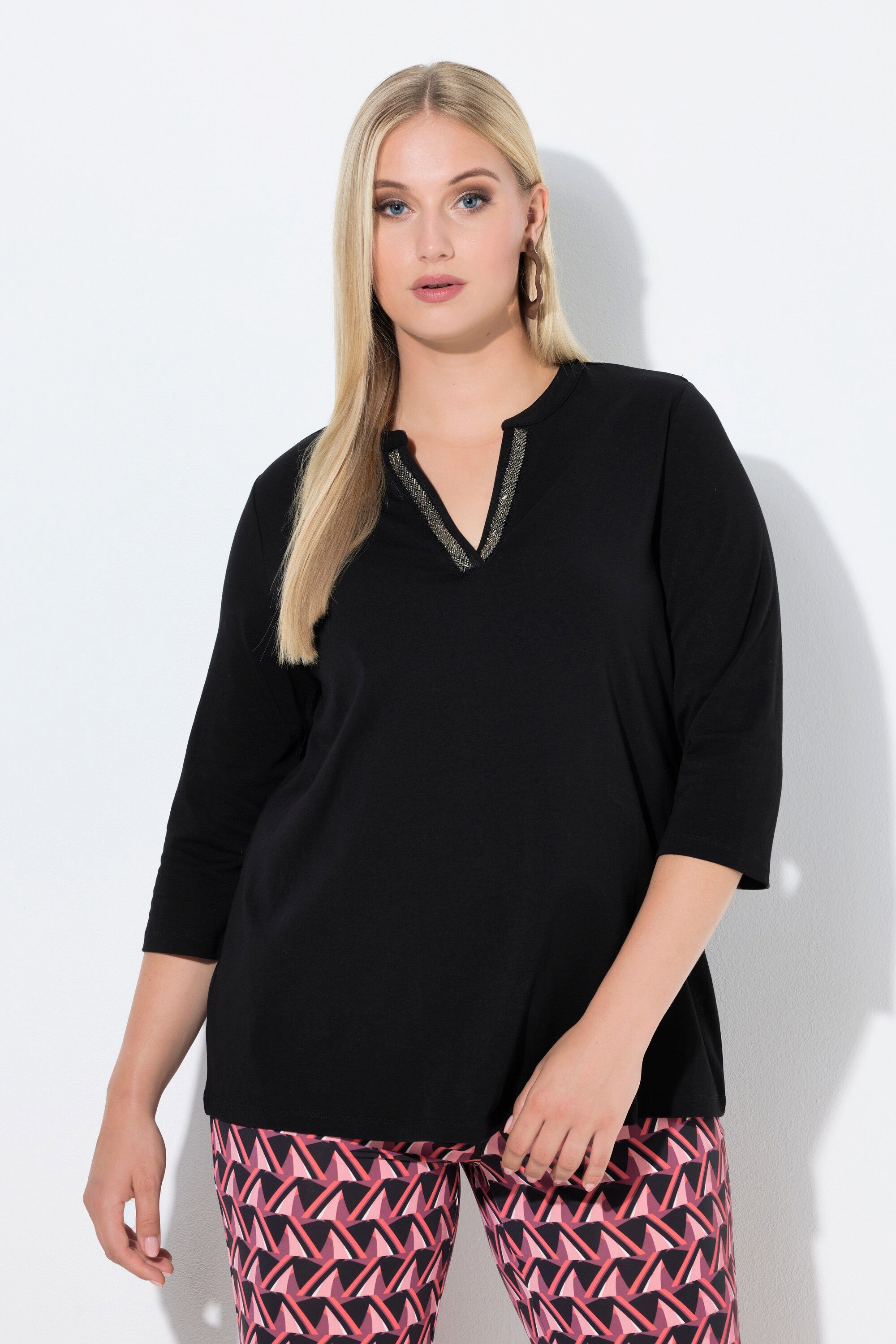 Longshirt Longshirt A-Linie Tunika-Ausschnitt 3/4-Arm
