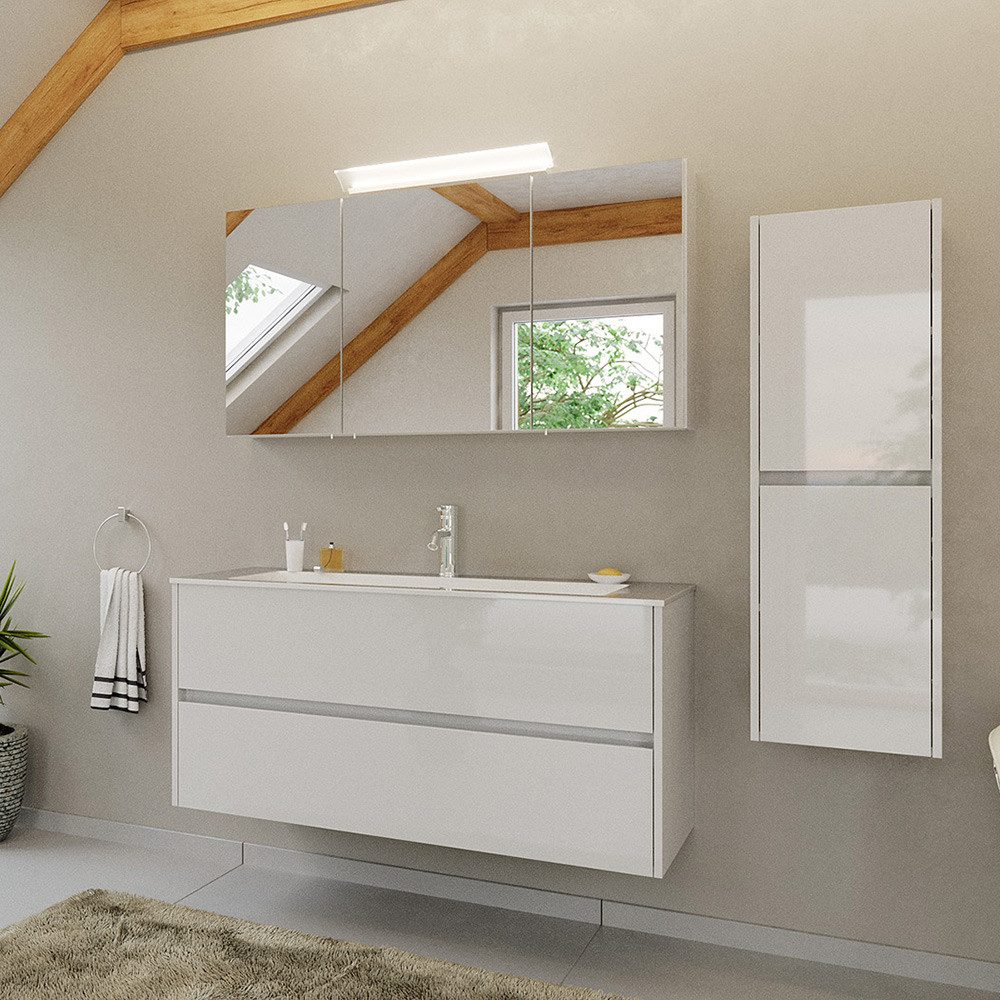 Lomadox Badmöbel-Set LIVIGNO-02, (Spar-Set, 3-St., Spiegelschrank Waschtisch Midischrank), in weiß Hochglanz mit LED-Beleuchtung