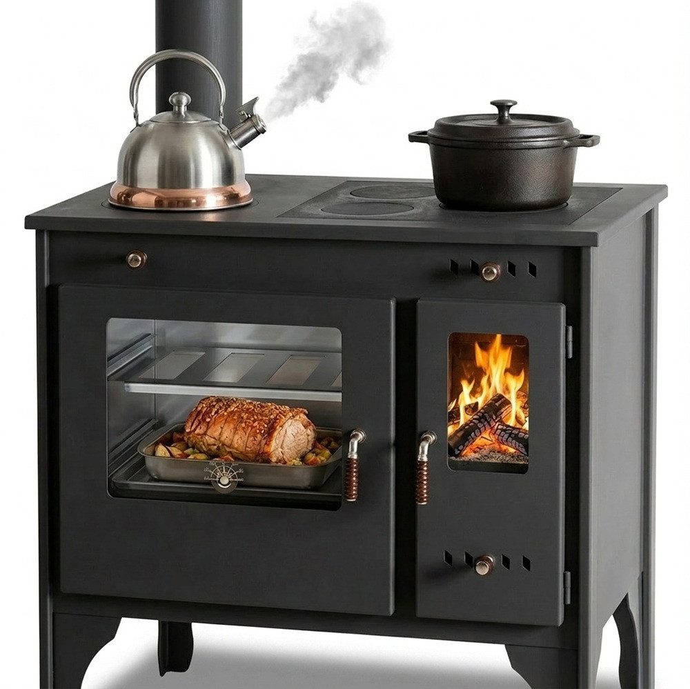 Prometey Festbrennstoffherd Küchenofen Holzherd R ECO INOX mit Edelstahlbackofen, linke Version, 7,0 kW