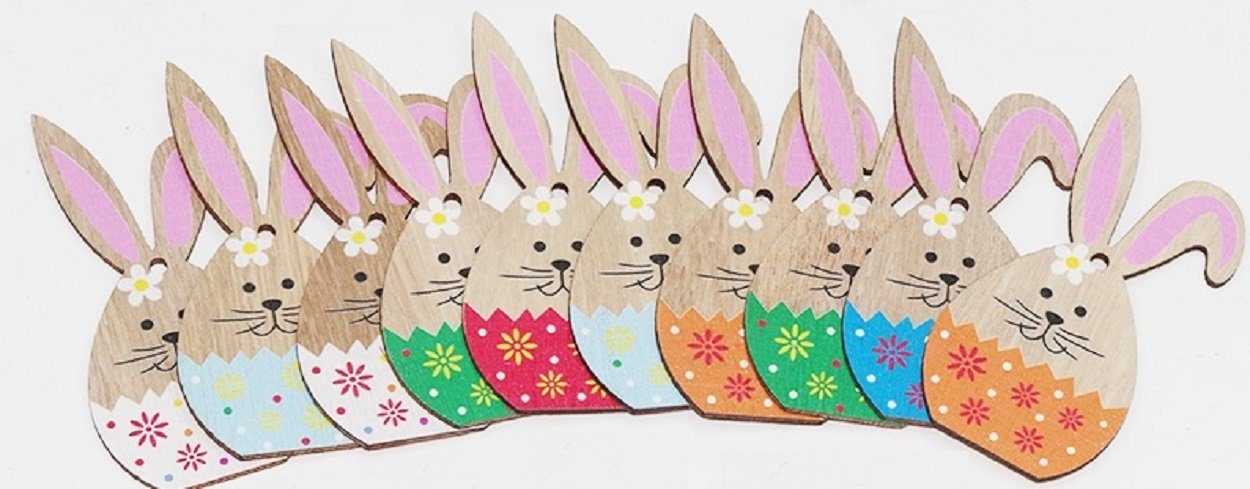 101DIYStudio Hängedekoration Osterhasen Holzanhänger, Ostern Deko Holz zum Aufhängen (10er Set, Süß und Stilvoll), Basteln Ostern