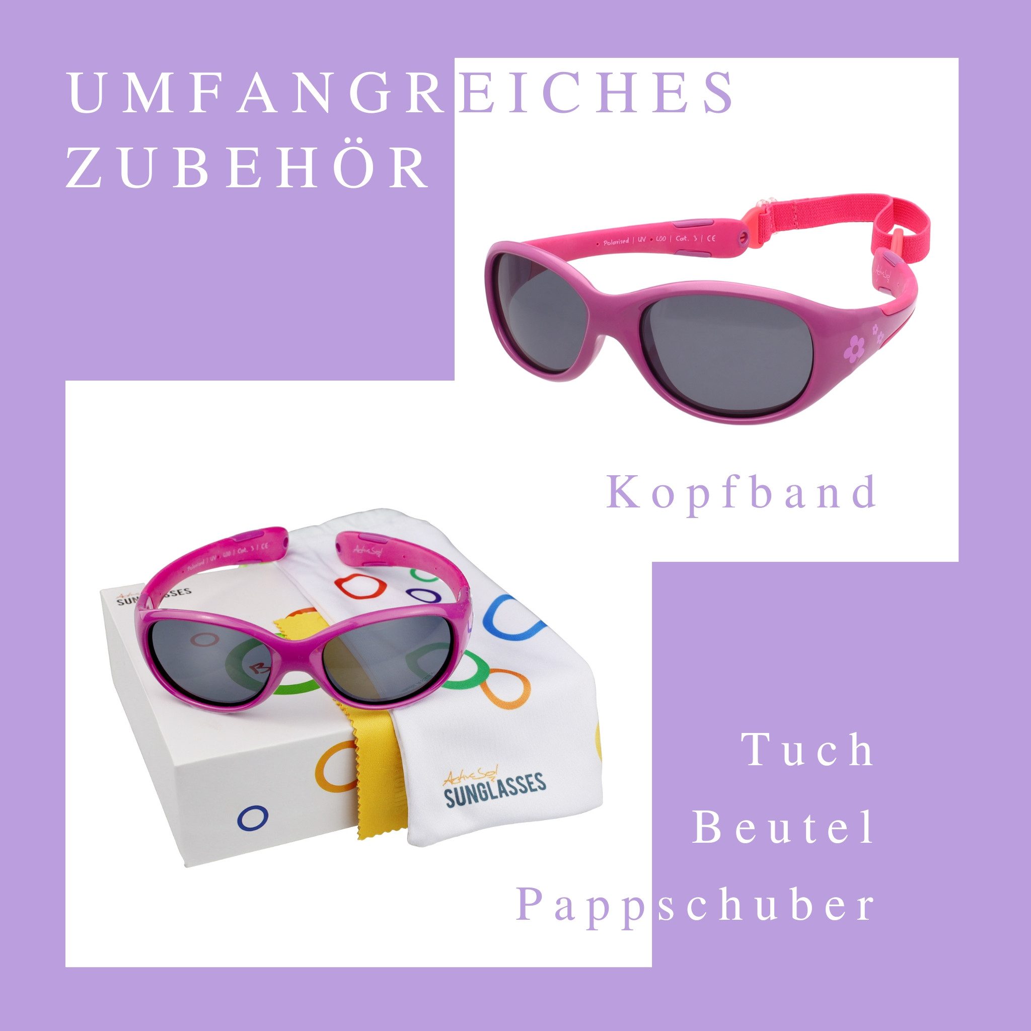 ActiveSol Sonnenbrille Baby 0-24 Monate (in bunten Farben & mit pfiffigen Motiven) Polarisiert, BPA-frei, mit Kopfband