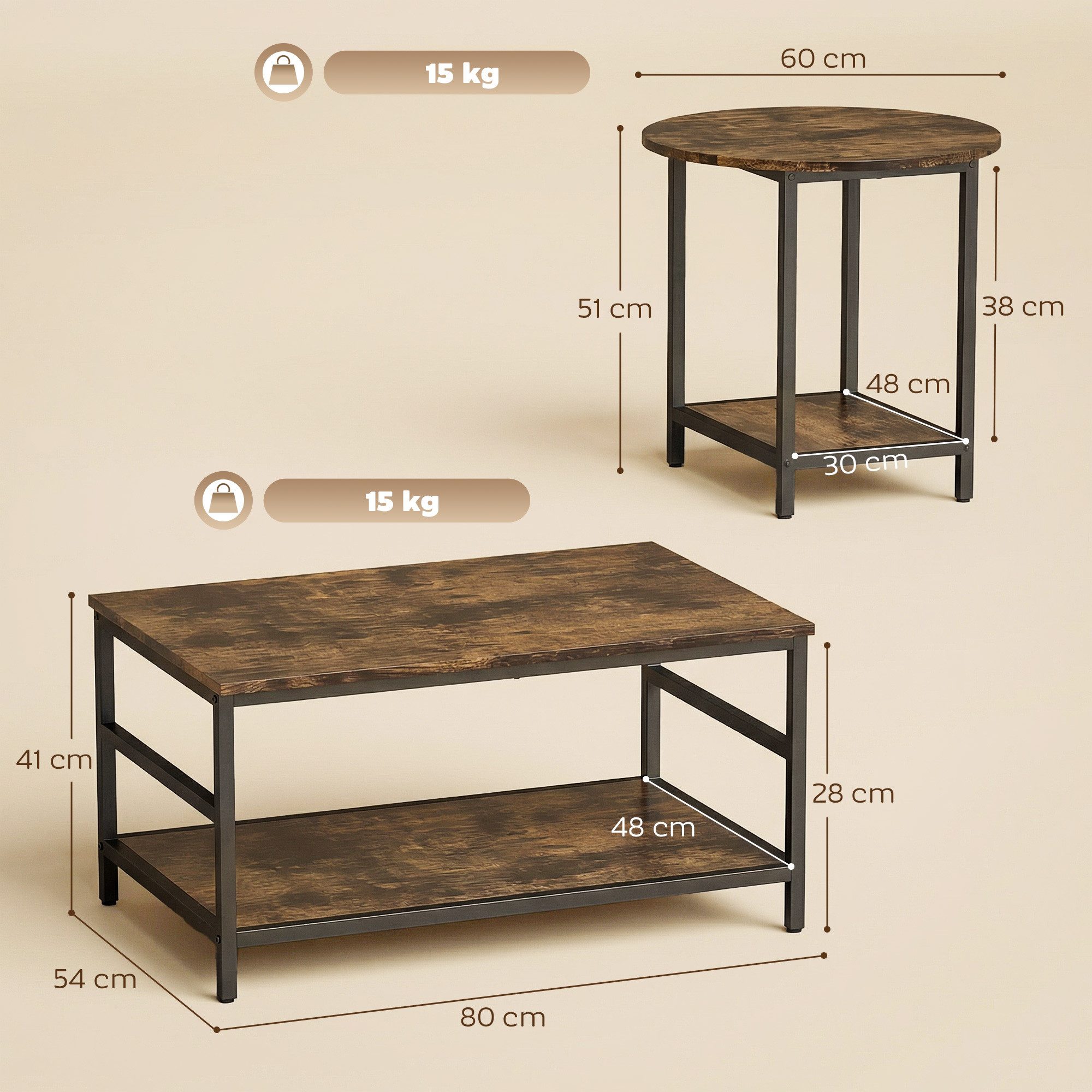 HOMCOM Beistelltisch Couchtisch mit Ablagen (Wohnzimmertisch, 2-St., Kaffeetisch), für Wohnzimmer, Schlafzimmer, Rustikal-Braun