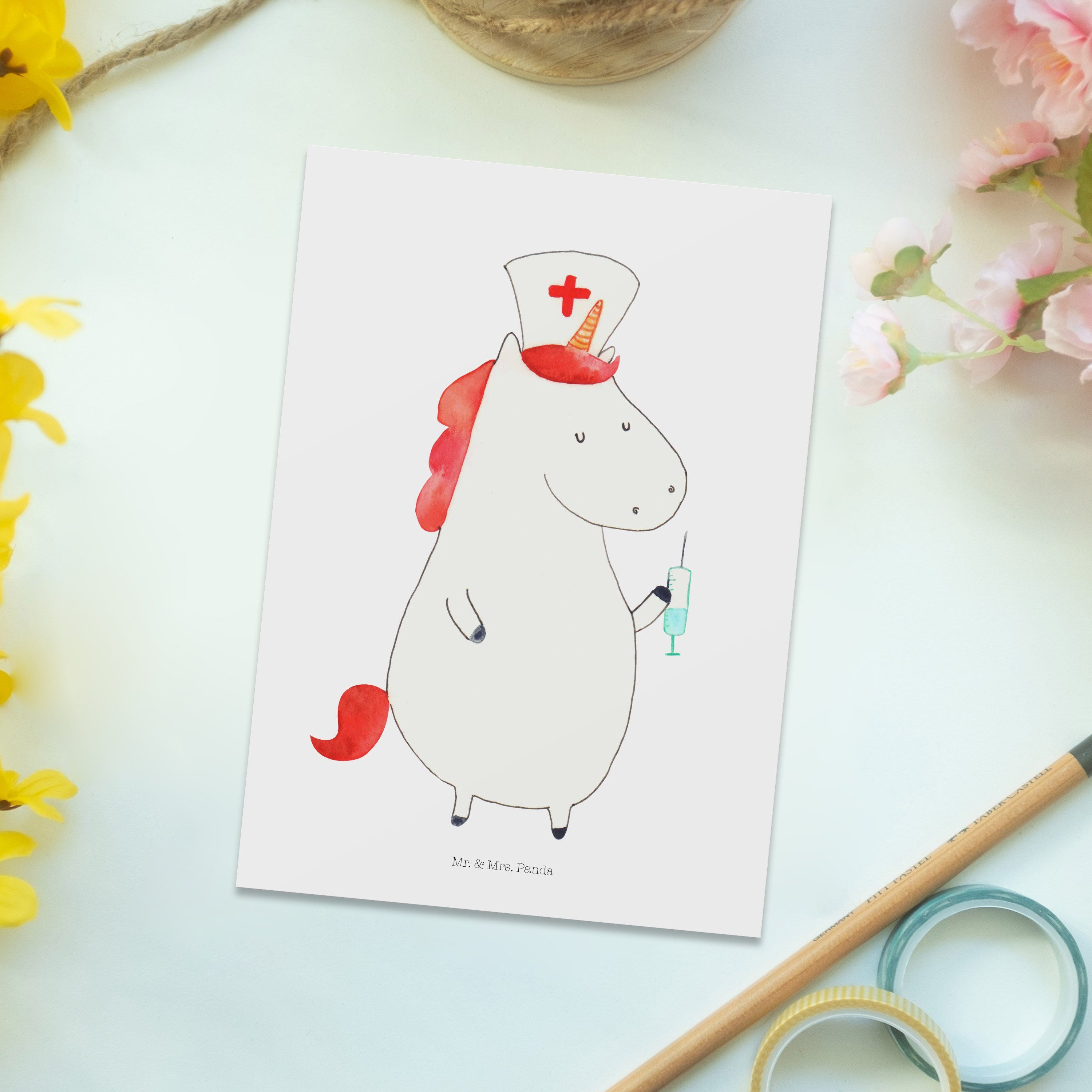 Mr. & - Krankenschwester Weiß Panda Postkarte Ärztin Geschenk, Geburtstagskarte, Mrs. - Einhorn