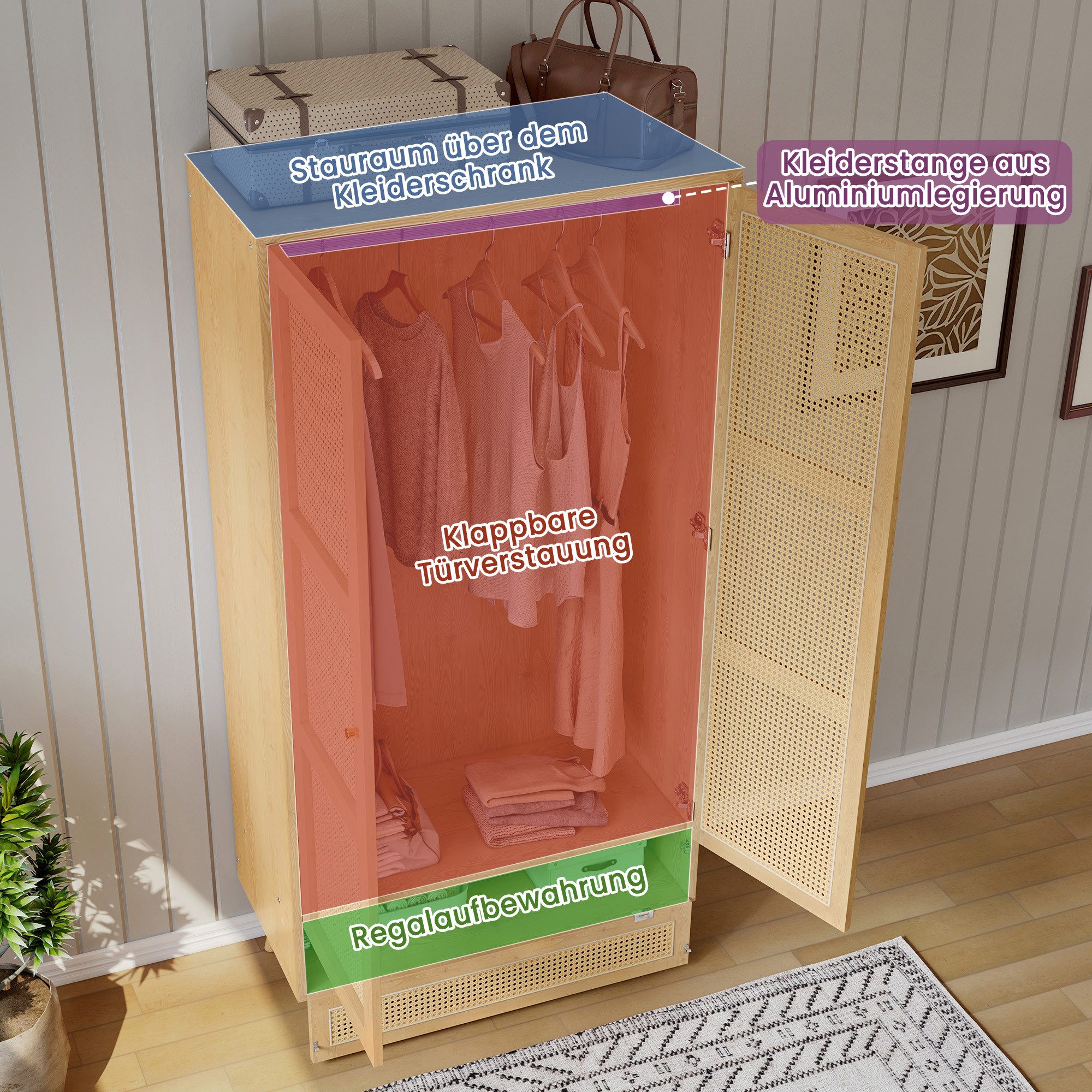 Flieks Kleiderschrank 2-türiger Schrank mit Stange und unterem Flip-Top-Deckel, Rattan