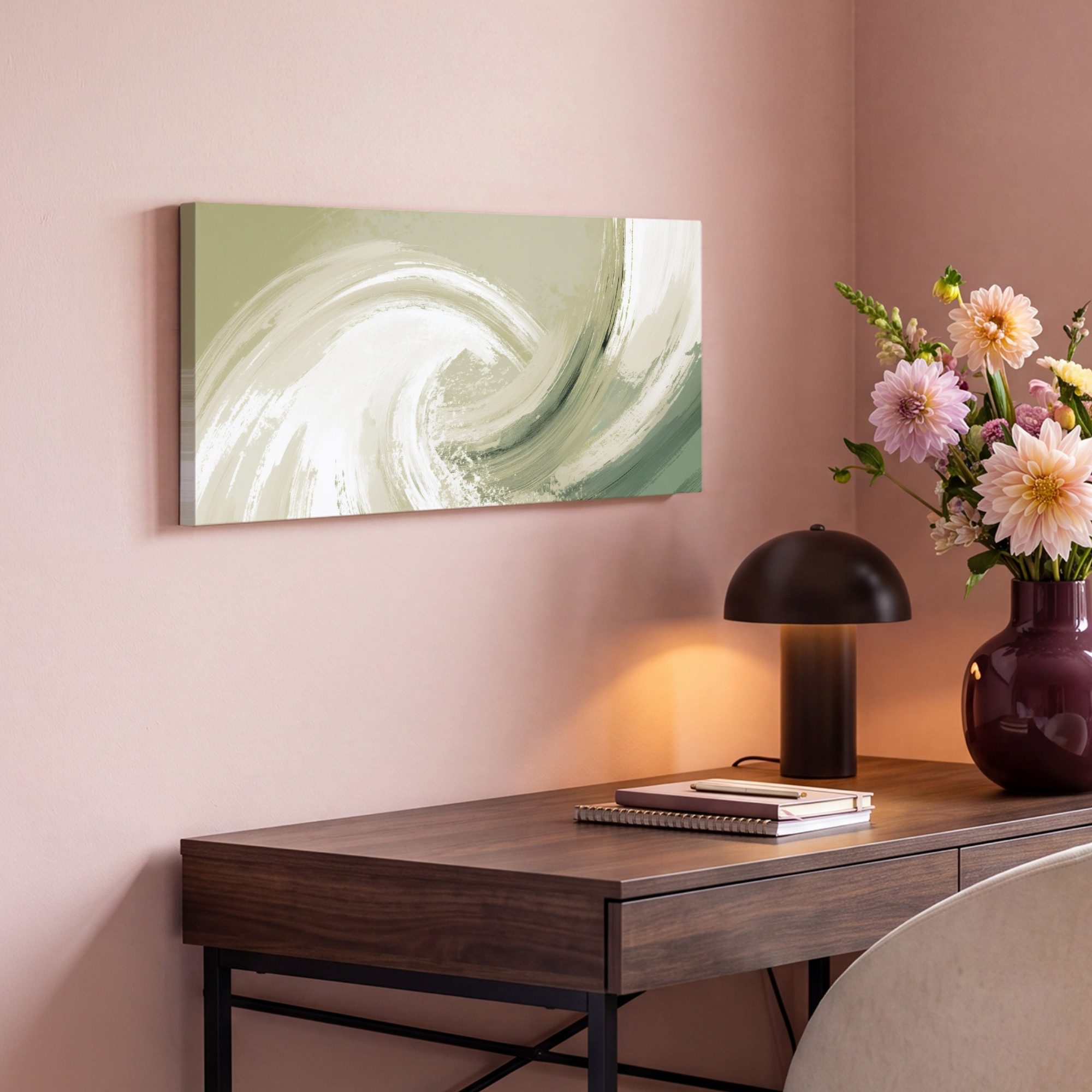 OneMillionCanvasses® Leinwandbild Panorama Abstrakt - Pinselstriche - Wellen - Grün, Fotodruck (1 St), Wandbild, Deko Schlafzimmer Wohnzimmer Flur 40x20 cm – Bild 4 von 5