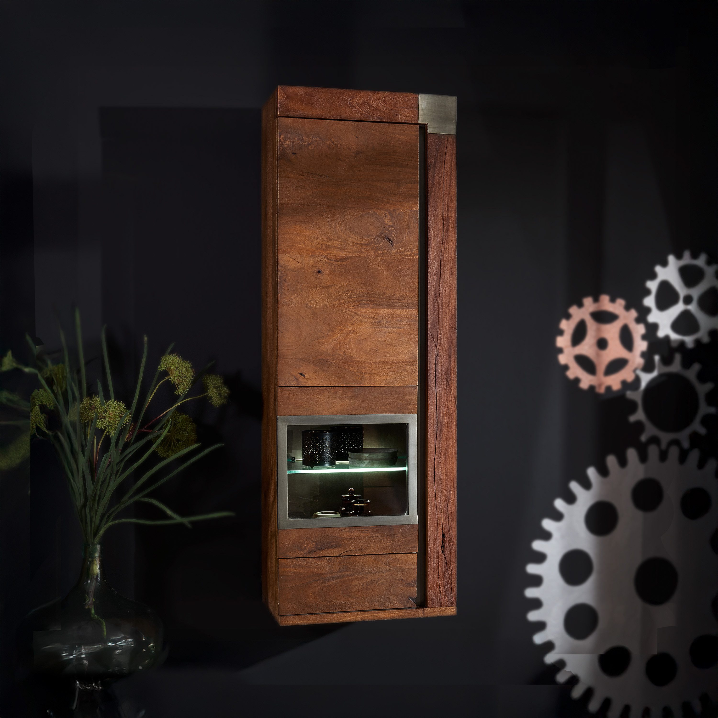 Massivmoebel24 Hängevitrine AMSTERDAM (Hängevitrine Mango 48x35x142 braun lackiert Amsterdam #12) Hängevitrine Mango 48x35x142 braun lackiert Amsterdam #12