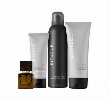 Rituals Pflege-Geschenkset Homme Collection M Parfüm Gift Box Geschenke für Männer Set 4 tlg Hautpflege Kosmetik Männerpflege Körperpflege Natürliche Inhaltsstoffe Holziger Duft Erfrischend, 4-tlg., Feuchtigkeitsspendend 2-in-1 Pflege Aromatisches Parfüm Duft