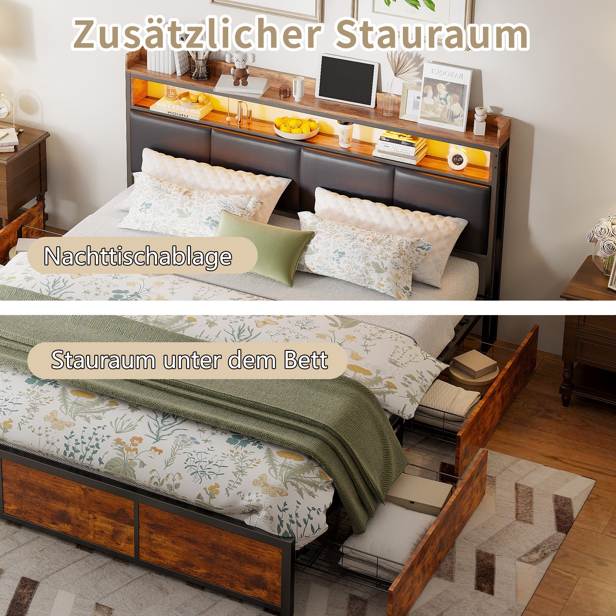 ADWOLT Stauraumbett Doppelbett Metallbett Mit LED-Beleuchtung und 4 Schubladen (Packung, 1-tlg., Jugendbett), 140x200 cm,Mit Kopfteil und Bettgestell,Kopfteil mit Lederbezug