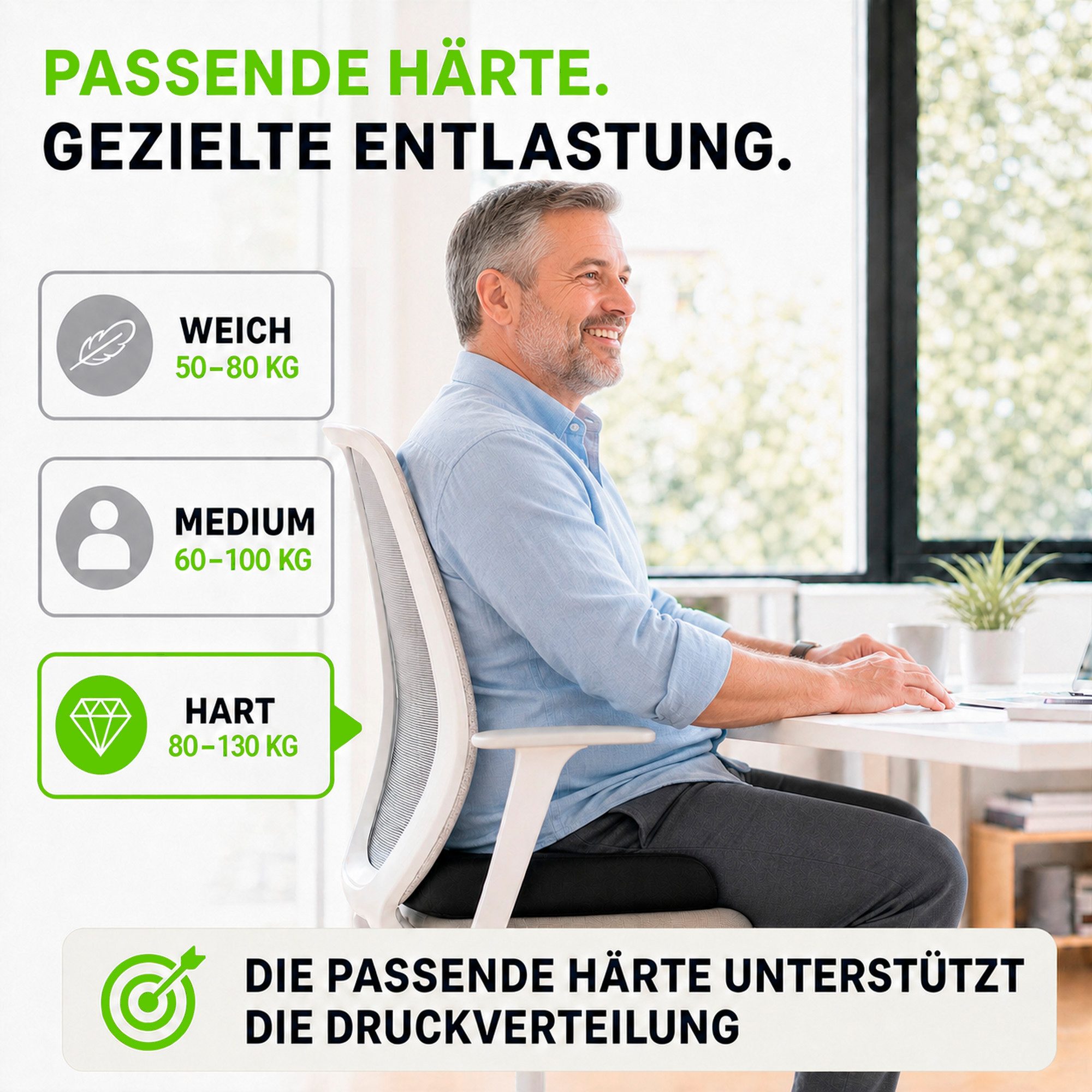 feela Sitzkissen Orthopädisches Kissen – Ergonomisch, 3 Härtegrade bei Rückenschmerzen, Fördert gesundes Sitzen & entlastet Rücken – Zuhause, Büro & unterwegs
