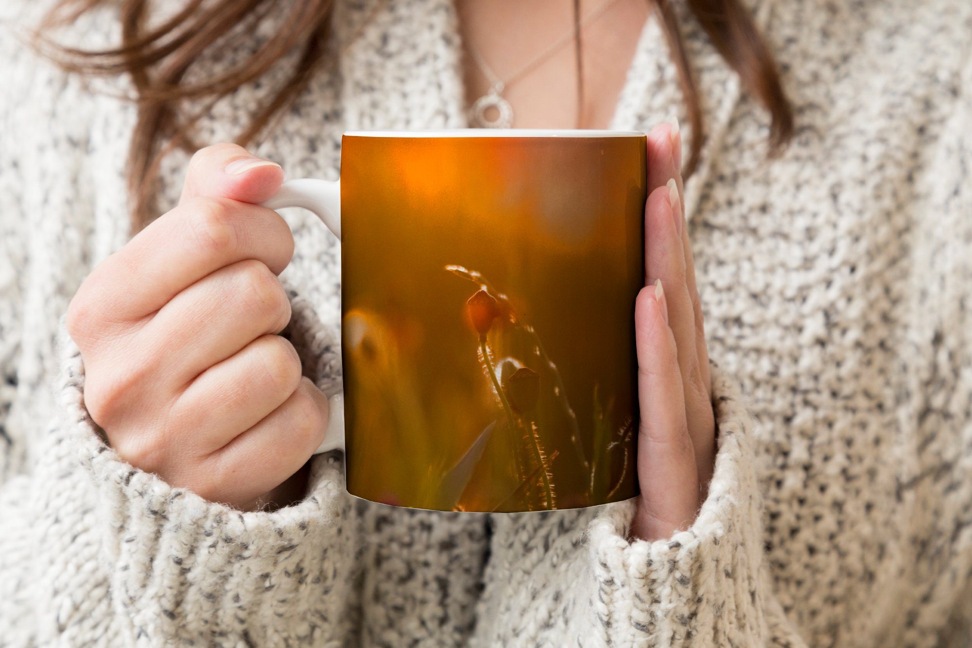 MuchoWow Tasse Mohn - Sonnenuntergang Teetasse, - Kaffeetassen, Geschenk Keramik, Teetasse, Gold, Becher