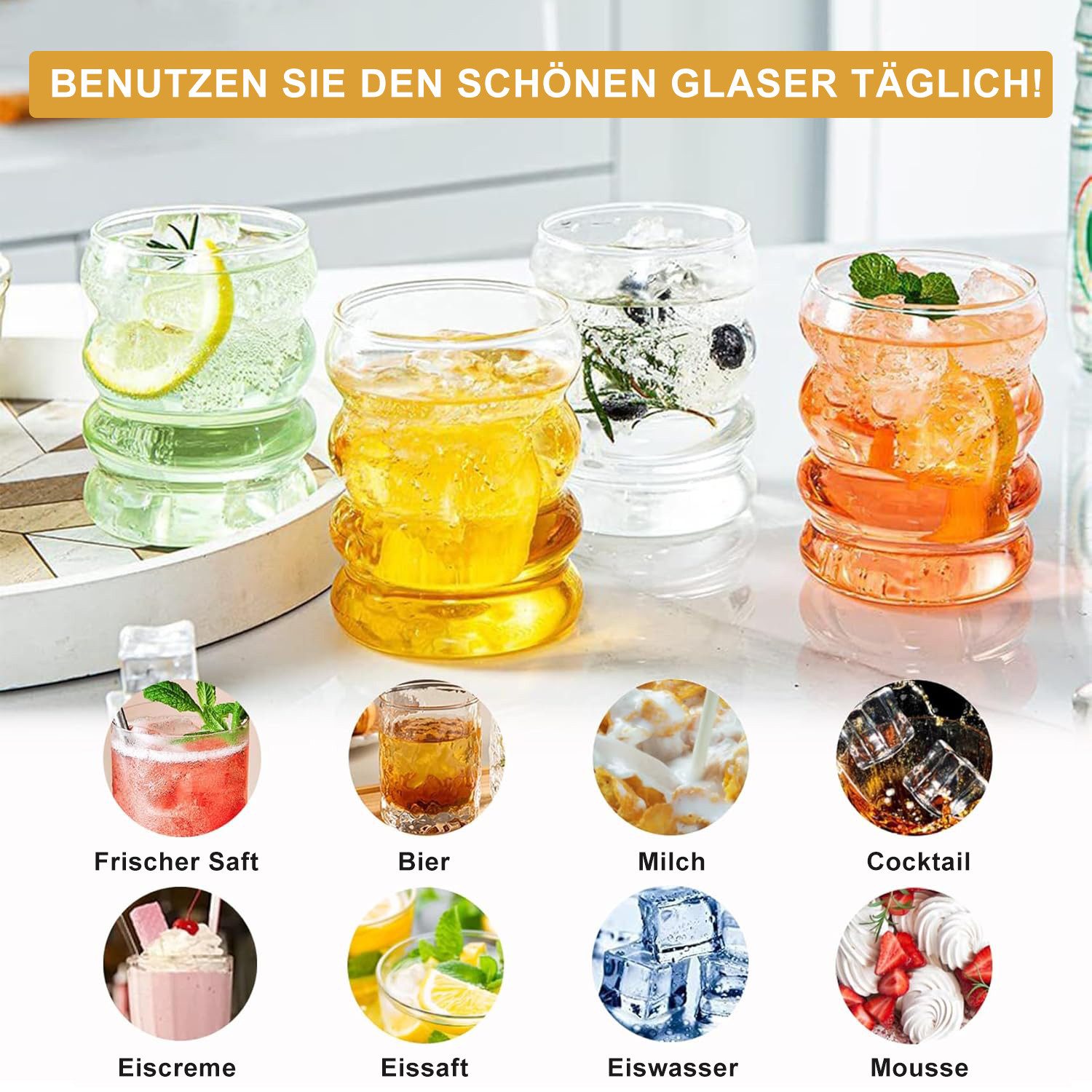 Refined Living Gläser-Set Trinkgläser gewellt 4er Set 350ml mit deckel, Glasstrohhalmen, Bürsten, Glas, gerippte trinkgläser bubble gläser, wave gläser, Cocktai – Bild 5 von 5