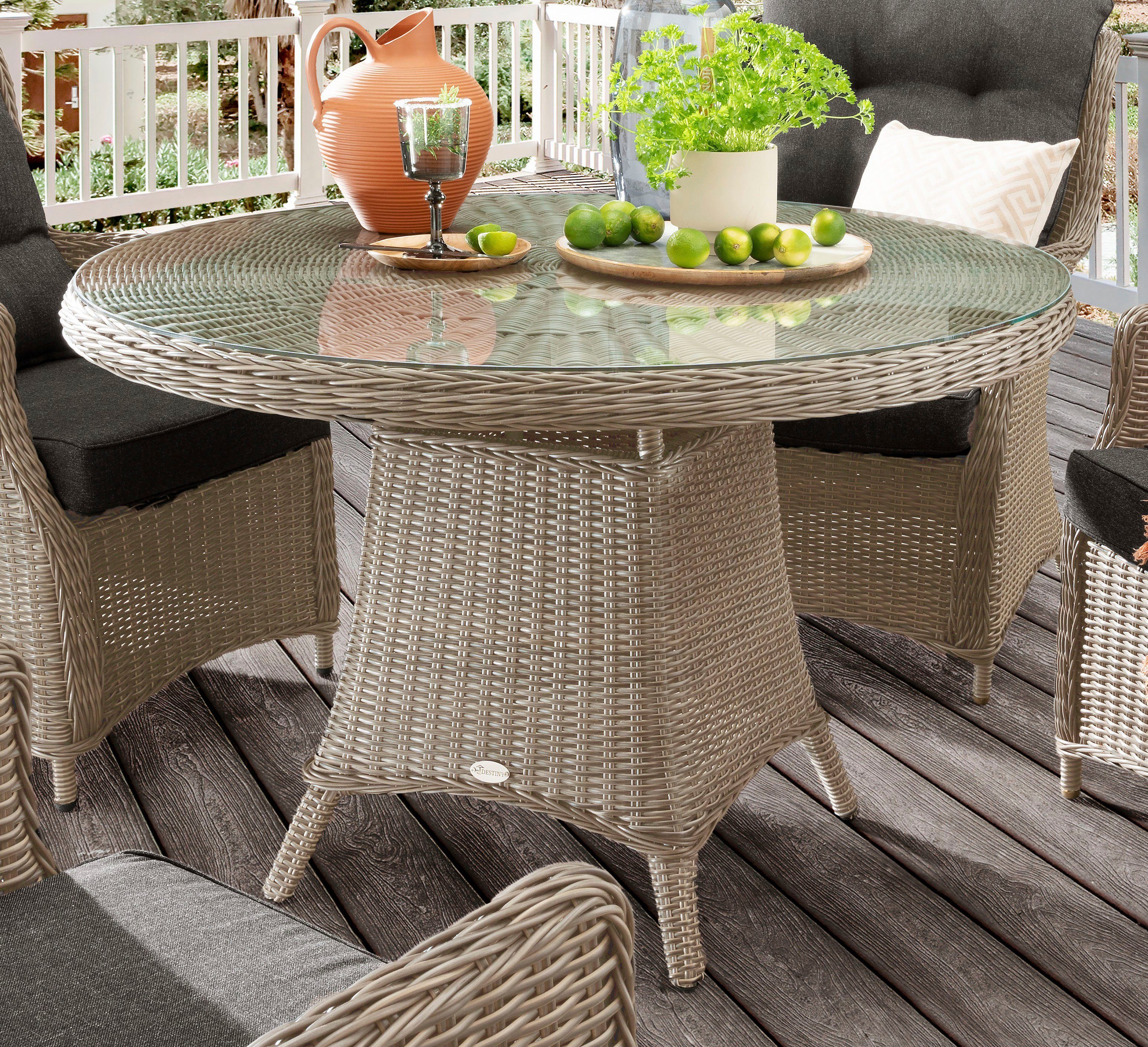 Destiny Garten-Essgruppe CASA LUNA 4 Se + Tisch Ø 120x75cm, vintage weiß, (Set, 13-tlg., 4 Sessel inkl. Polster, 1 Tisch mit aufgelegter Glasplatte), Aluminium, Polyrattan