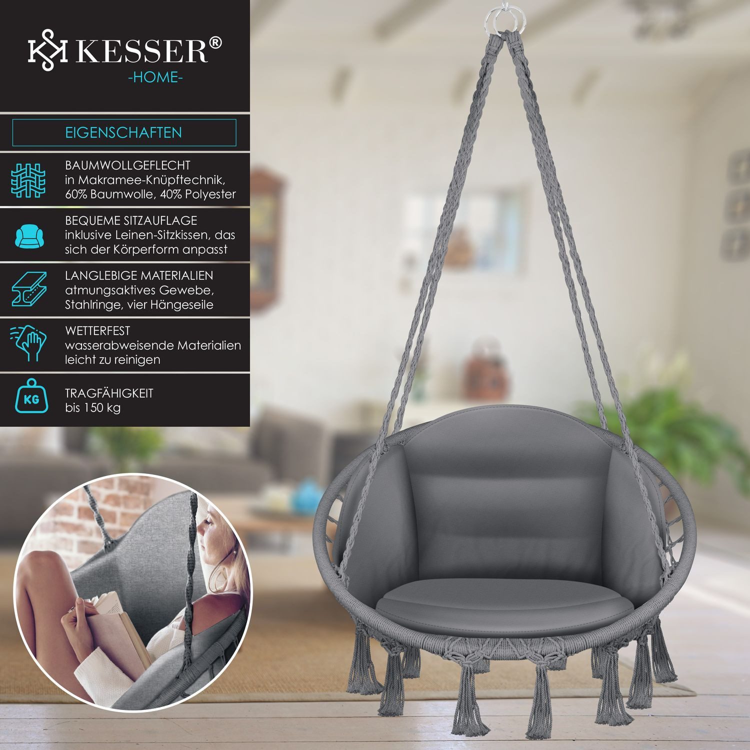 KESSER Hängesessel, Hängesessel mit Kissen Chill Hängestuhl zum Aufhängen günstig online kaufen