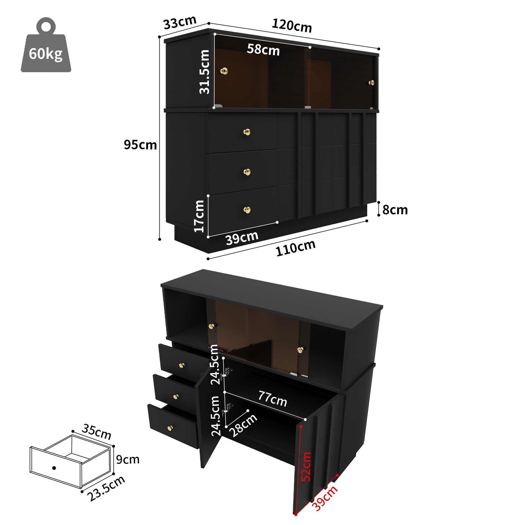 Celya Sideboard Küchenschrank,Sideboard Glastüren,Aufbewahrungsschrank,Buff günstig online kaufen