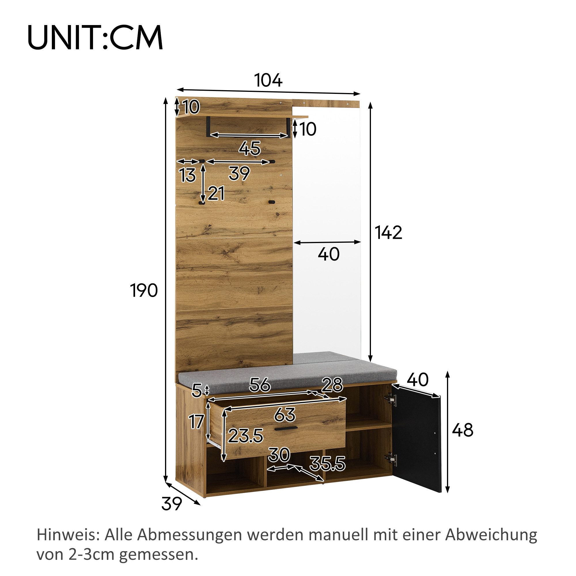 IDEASY Garderoben-Set Flurgarderobe mit Spiegel, Dielenmöbel, Holzstil, 104 x 39 x 19 cm, Mit Spiegel, gepolsterter Schuhbank, Schubladen, Ablagen, Kleiderhaken