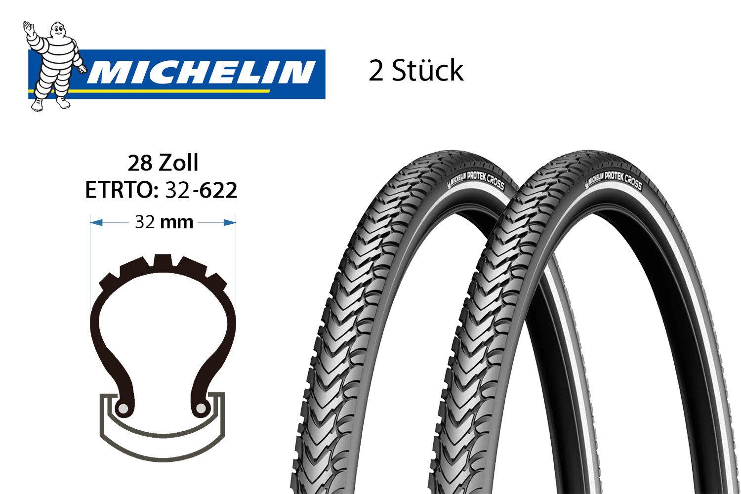 Michelin Fahrradreifen 2Stück 28Zoll MICHELIN Protek Cross Fahrrad Reifen 32-622 Pannenschutz